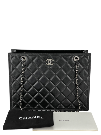 CHANEL - Black Lambskin Chain Shoulder Silver Hardware Tote Bag