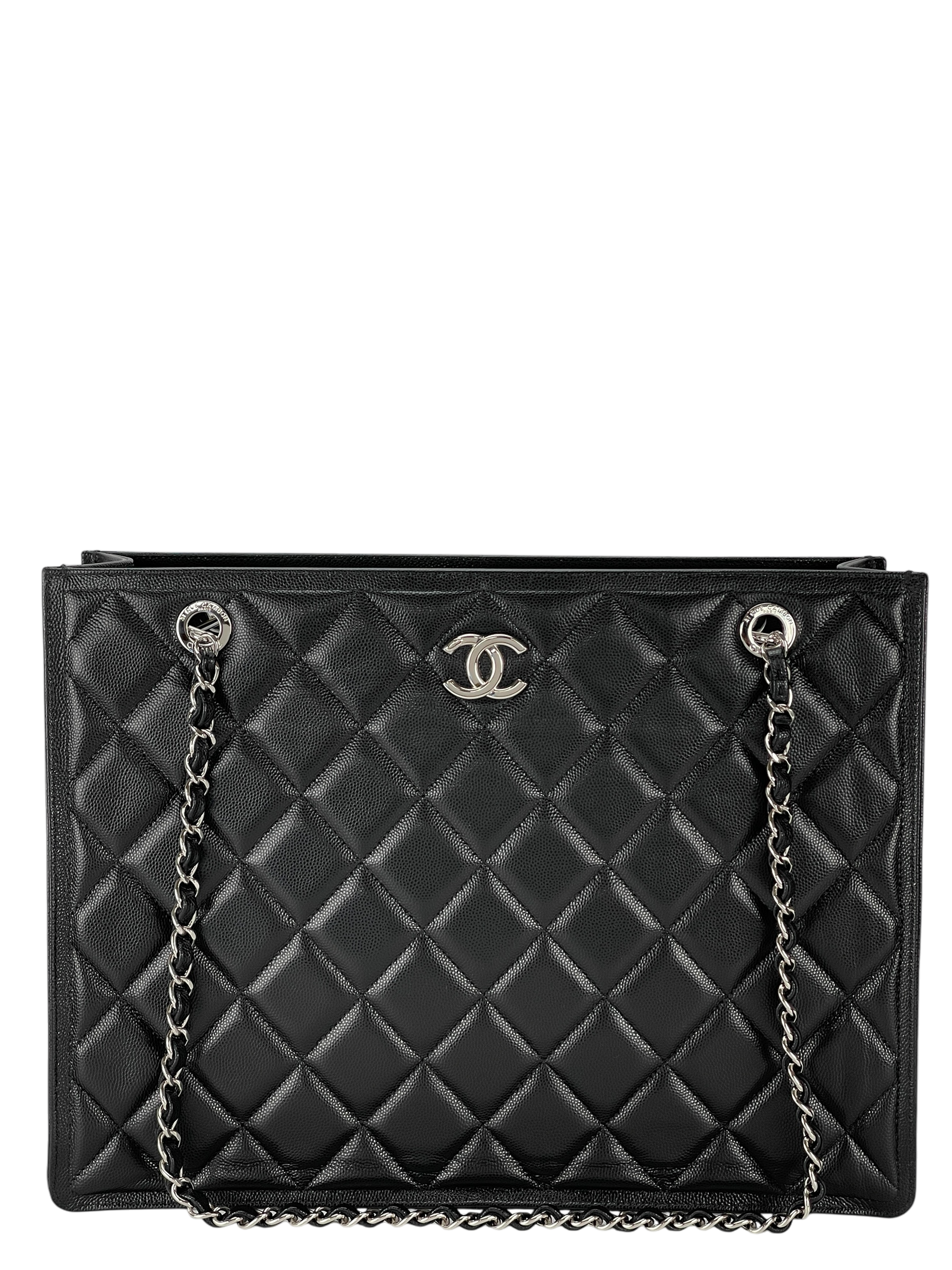 CHANEL - Black Lambskin Chain Shoulder Silver Hardware Tote Bag