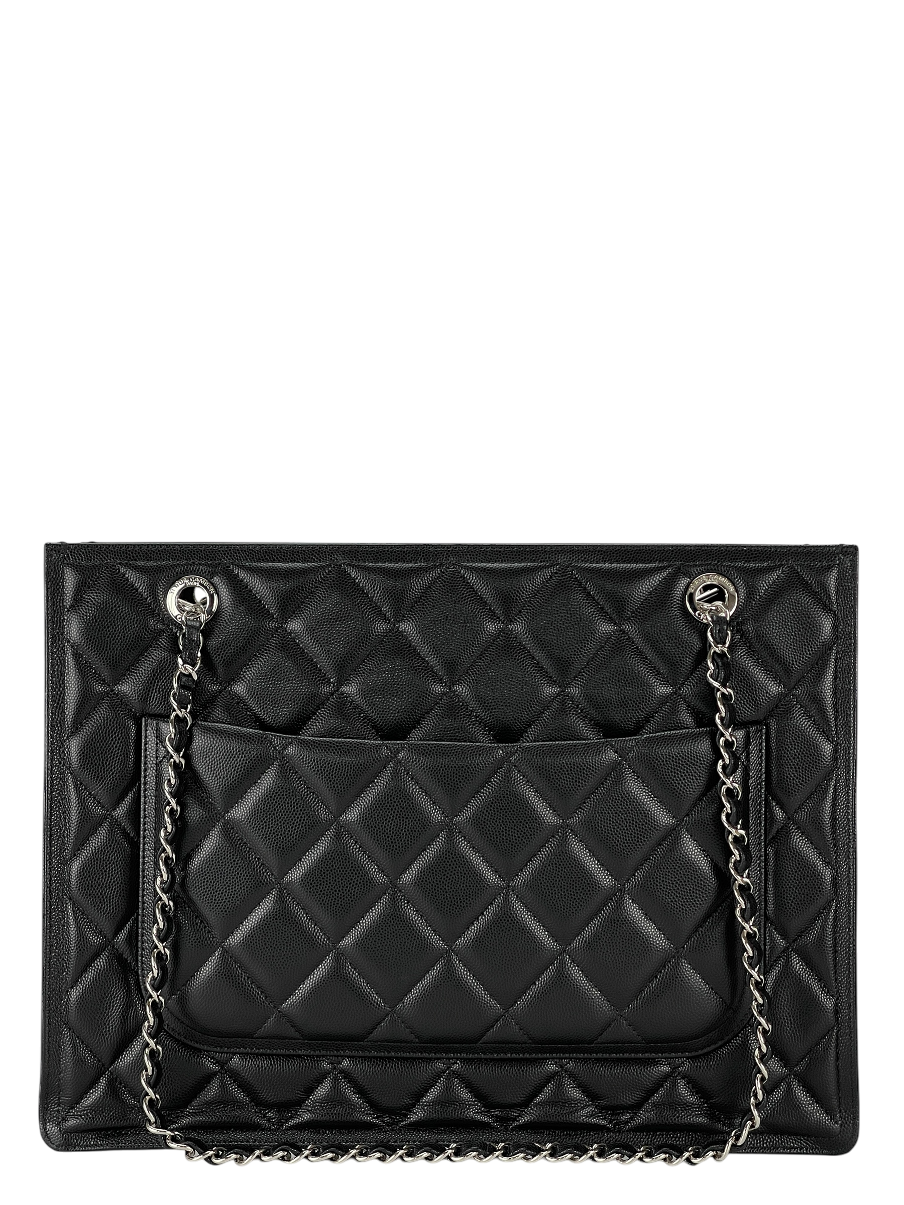 CHANEL - Black Lambskin Chain Shoulder Silver Hardware Tote Bag