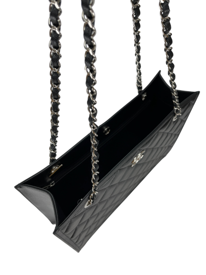 CHANEL - Black Lambskin Chain Shoulder Silver Hardware Tote Bag