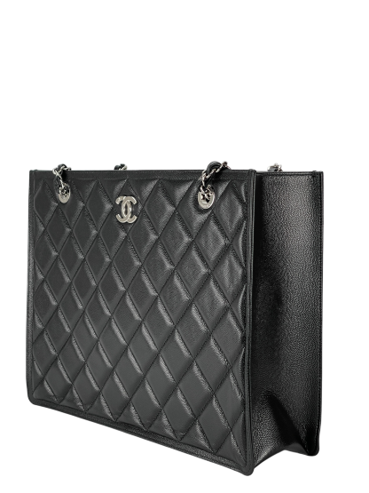 CHANEL - Black Lambskin Chain Shoulder Silver Hardware Tote Bag