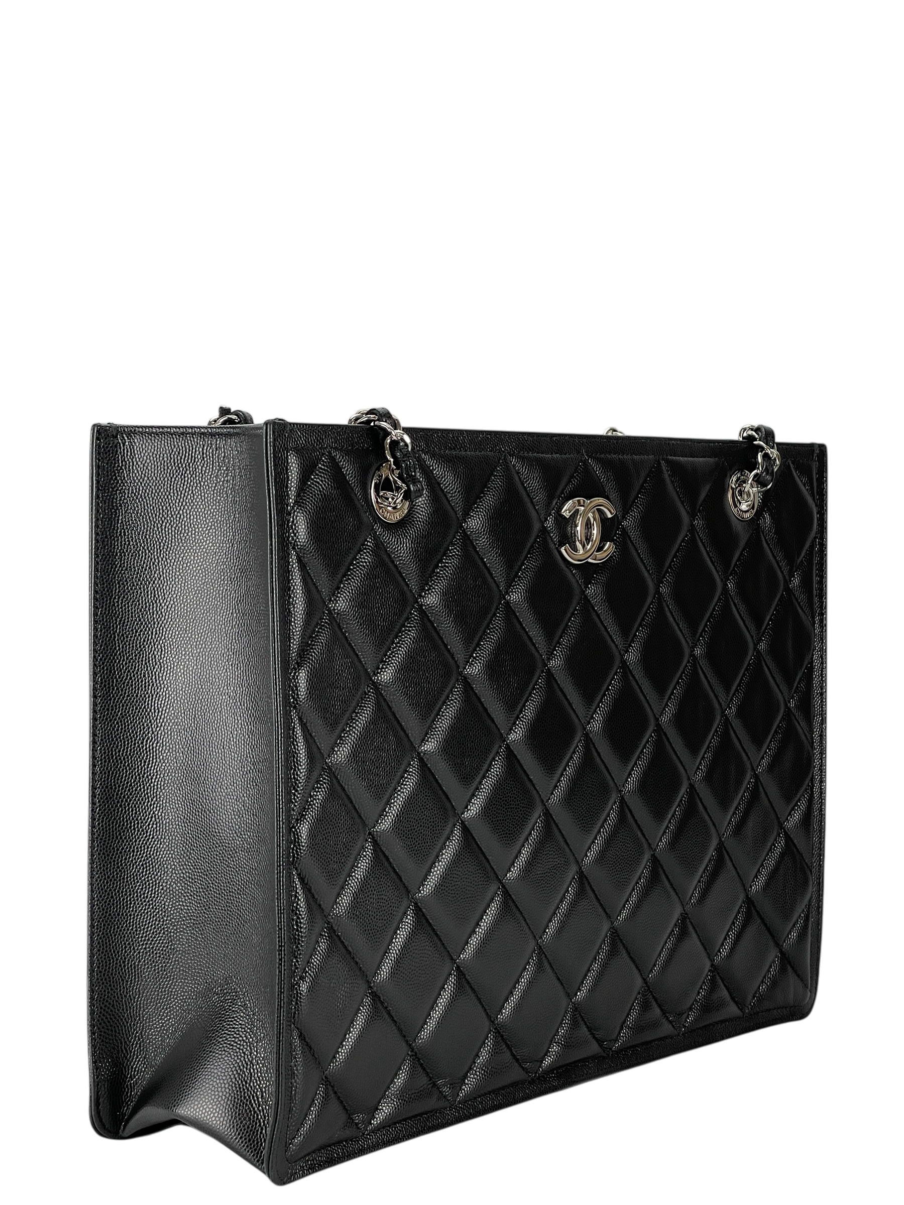 CHANEL - Black Lambskin Chain Shoulder Silver Hardware Tote Bag