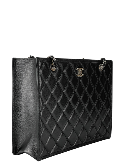 CHANEL - Black Lambskin Chain Shoulder Silver Hardware Tote Bag