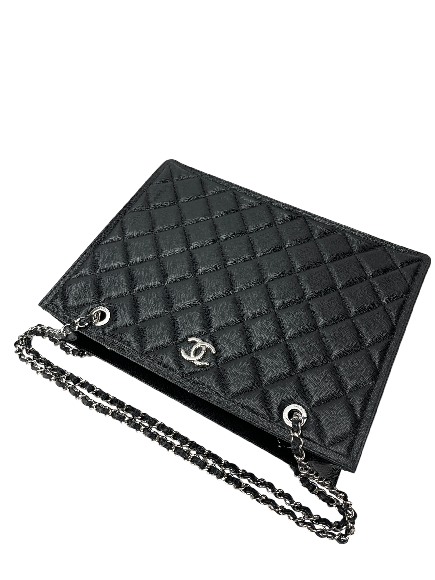 CHANEL - Black Lambskin Chain Shoulder Silver Hardware Tote Bag