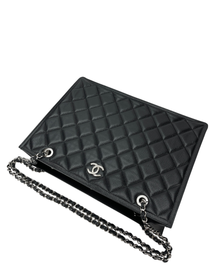 CHANEL - Black Lambskin Chain Shoulder Silver Hardware Tote Bag