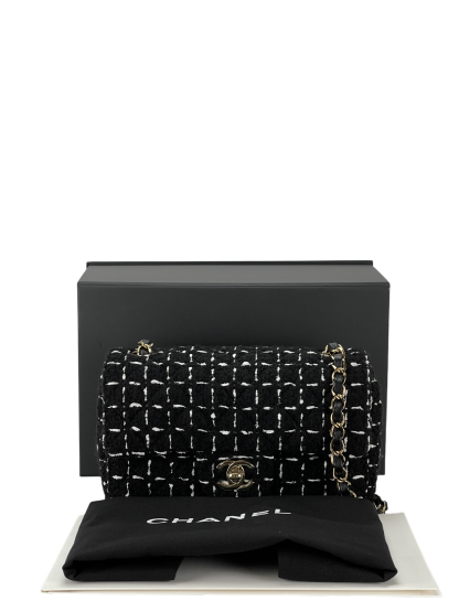 CHANEL - Mini Classic Flap Bag Gold ware Black White Tweed 