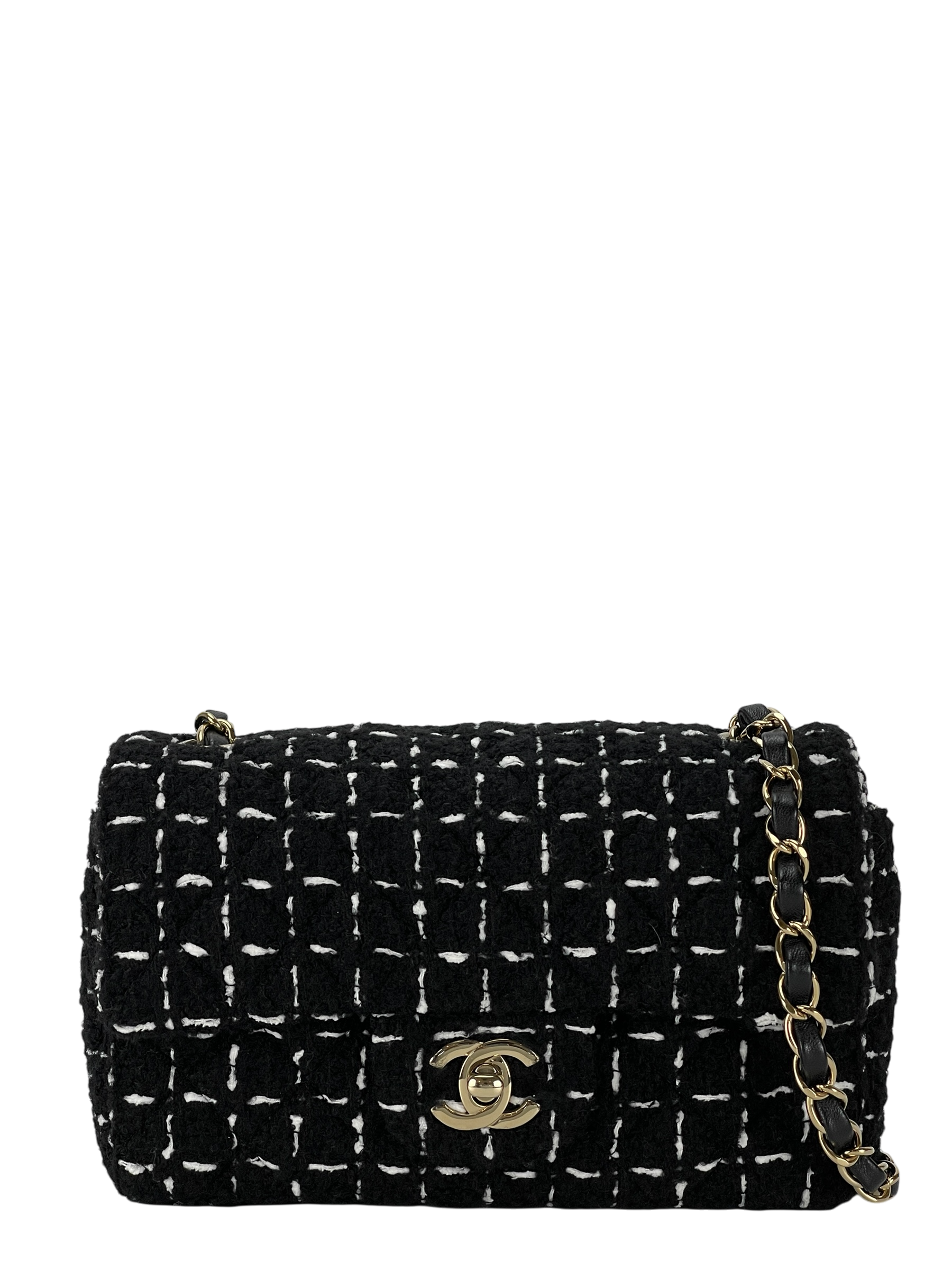 CHANEL - Mini Classic Flap Bag Gold ware Black White Tweed 