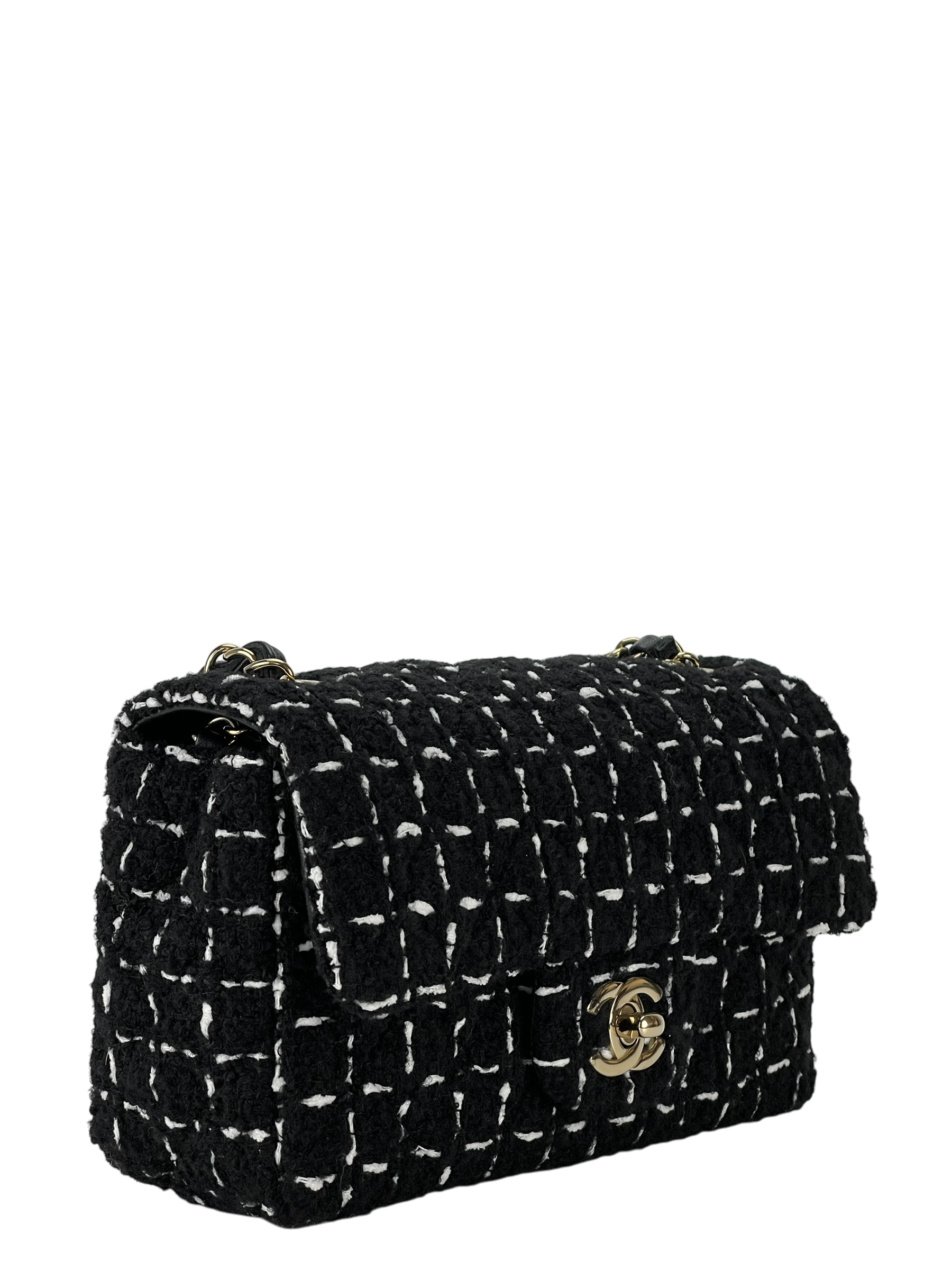 CHANEL - Mini Classic Flap Bag Gold ware Black White Tweed 
