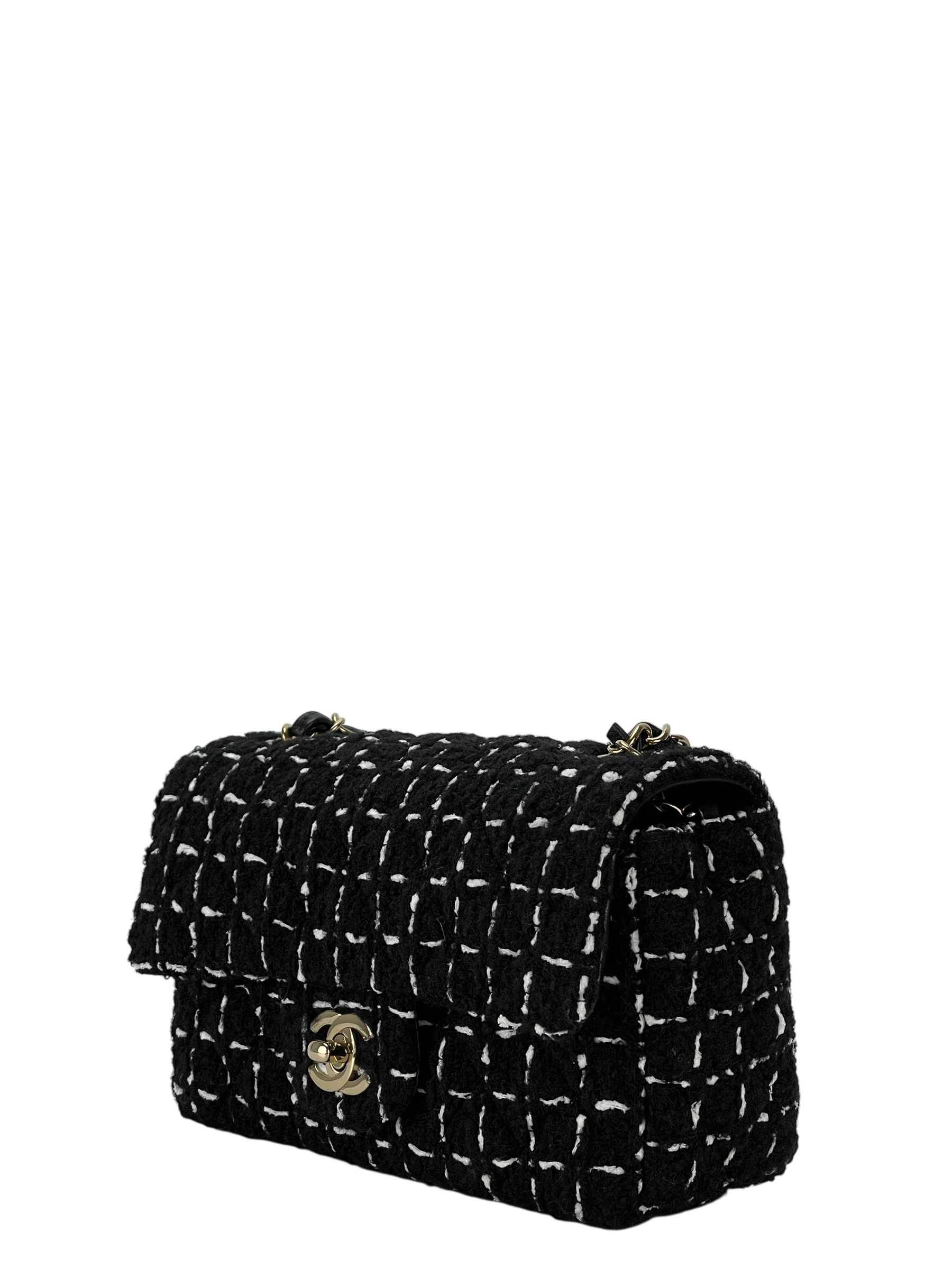 CHANEL - Mini Classic Flap Bag Gold ware Black White Tweed 