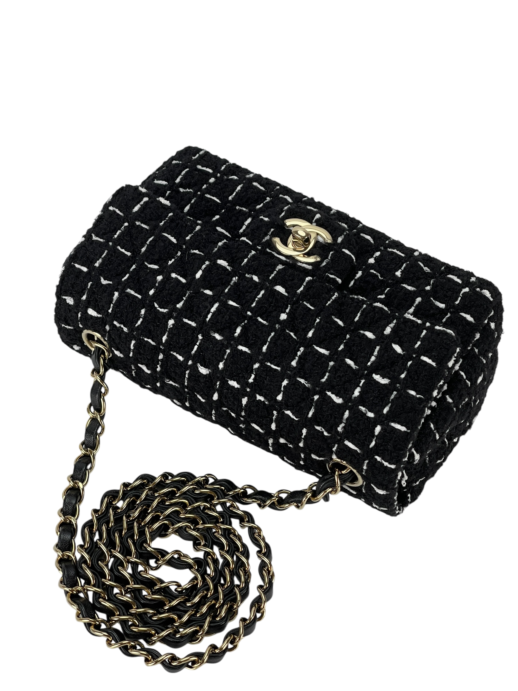 CHANEL - Mini Classic Flap Bag Gold ware Black White Tweed 