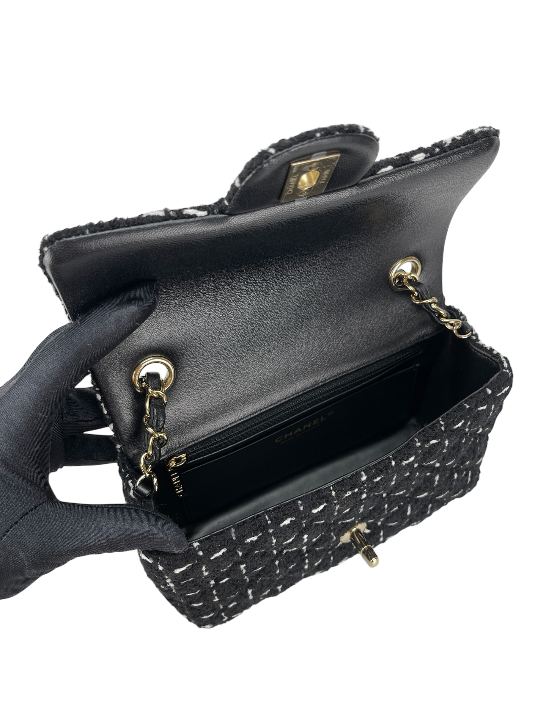 CHANEL - Mini Classic Flap Bag Gold ware Black White Tweed 