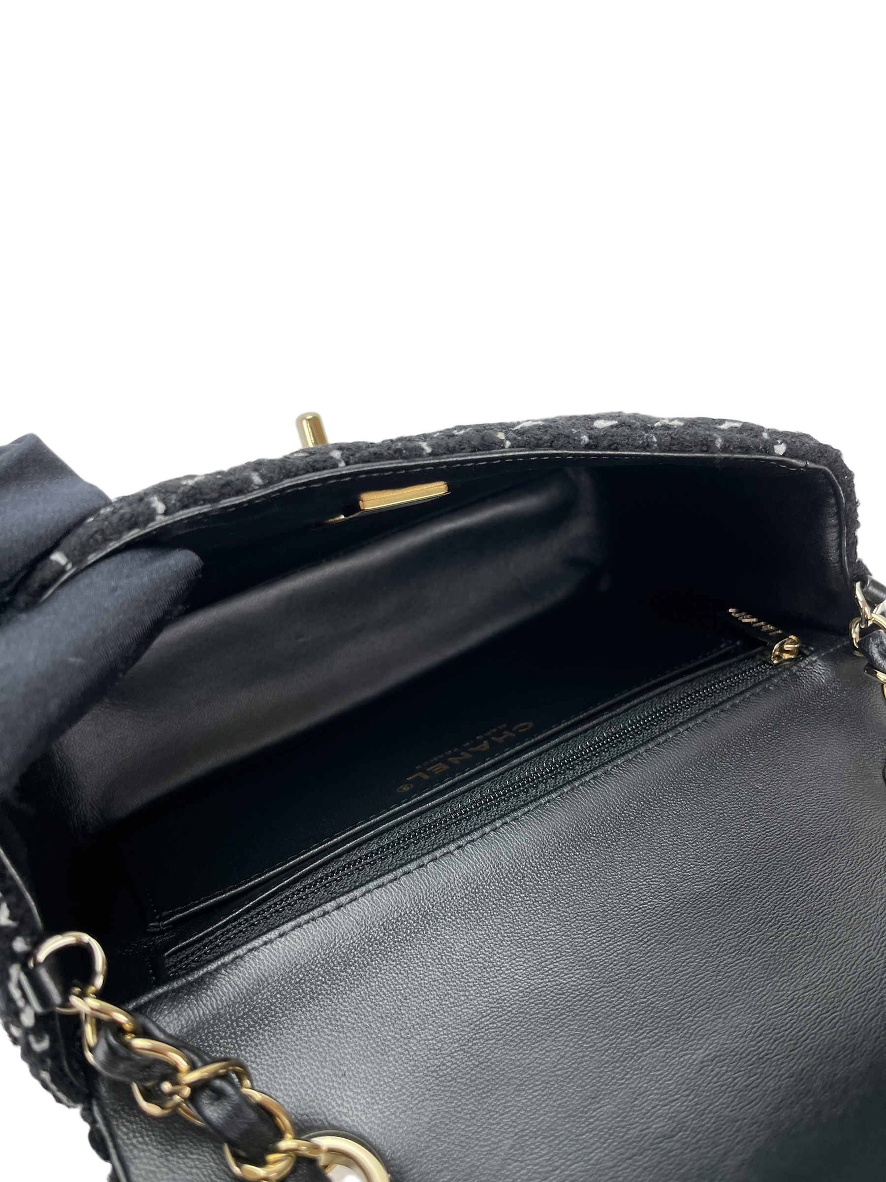 CHANEL - Mini Classic Flap Bag Gold ware Black White Tweed 