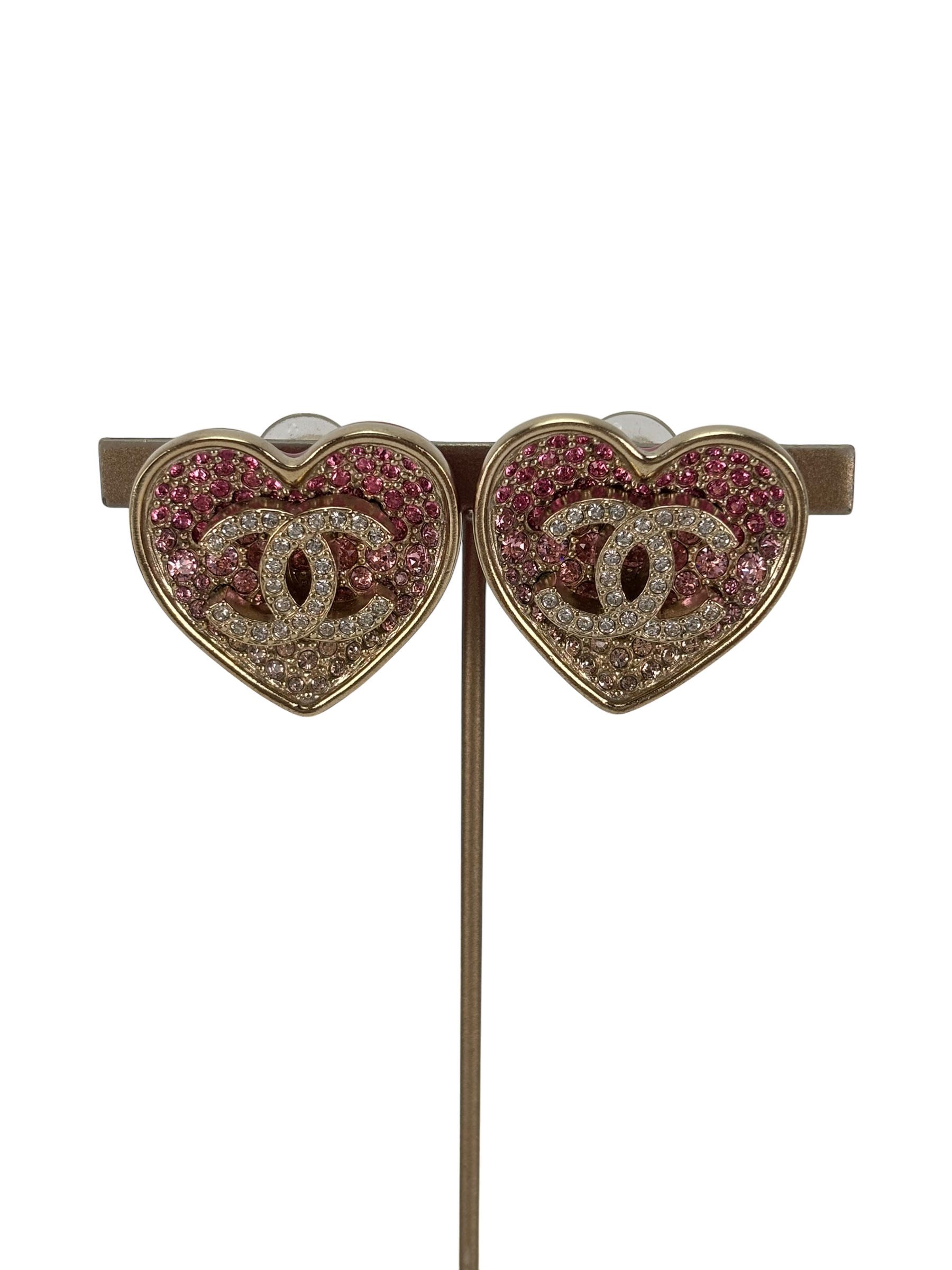 CHANEL - 23P Heart CC Mark Pink Rhinestone Earrings