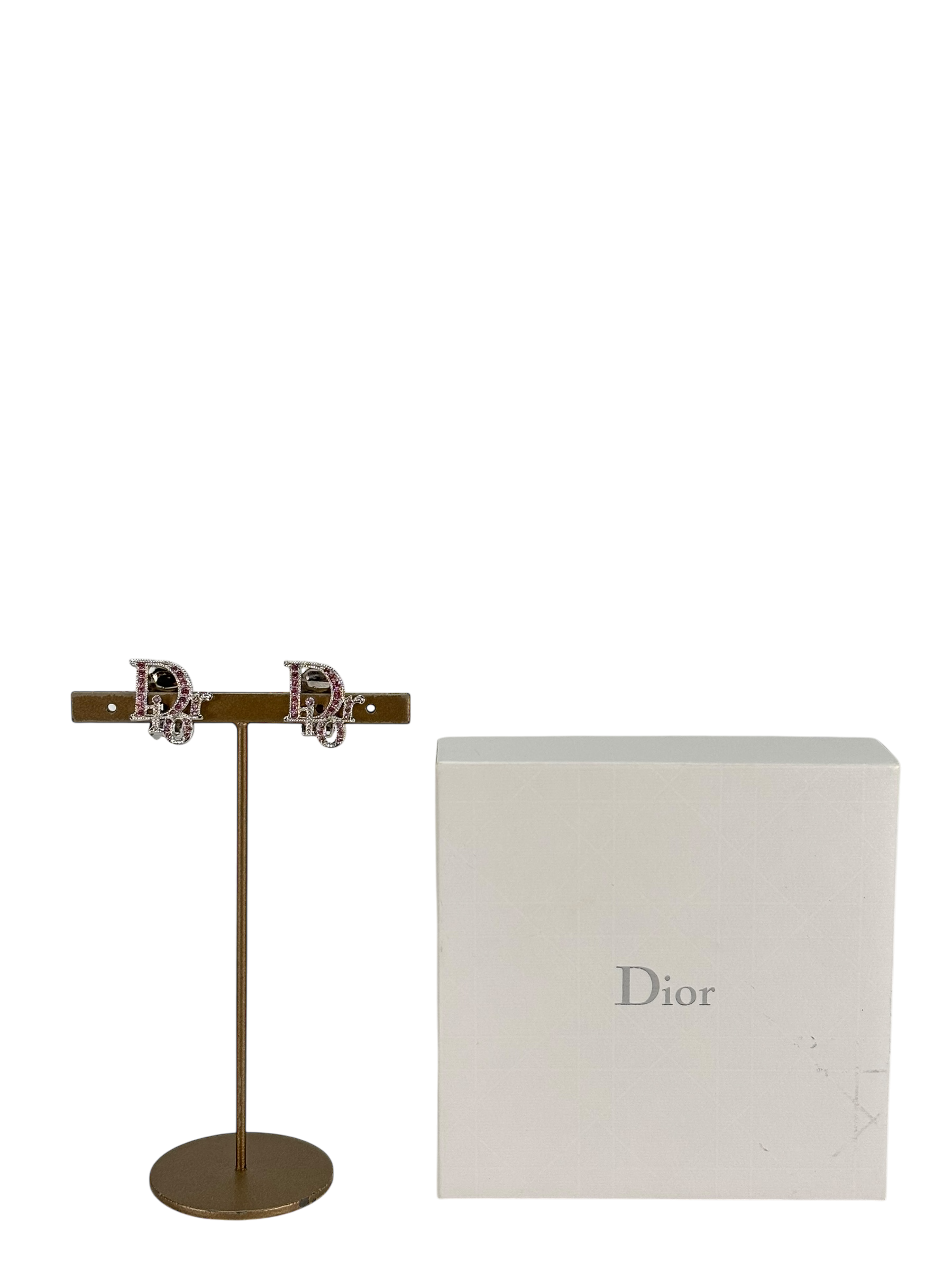 CHRISTIAN DIOR - Sliver Pink Rhinestone CD Logo Earrings