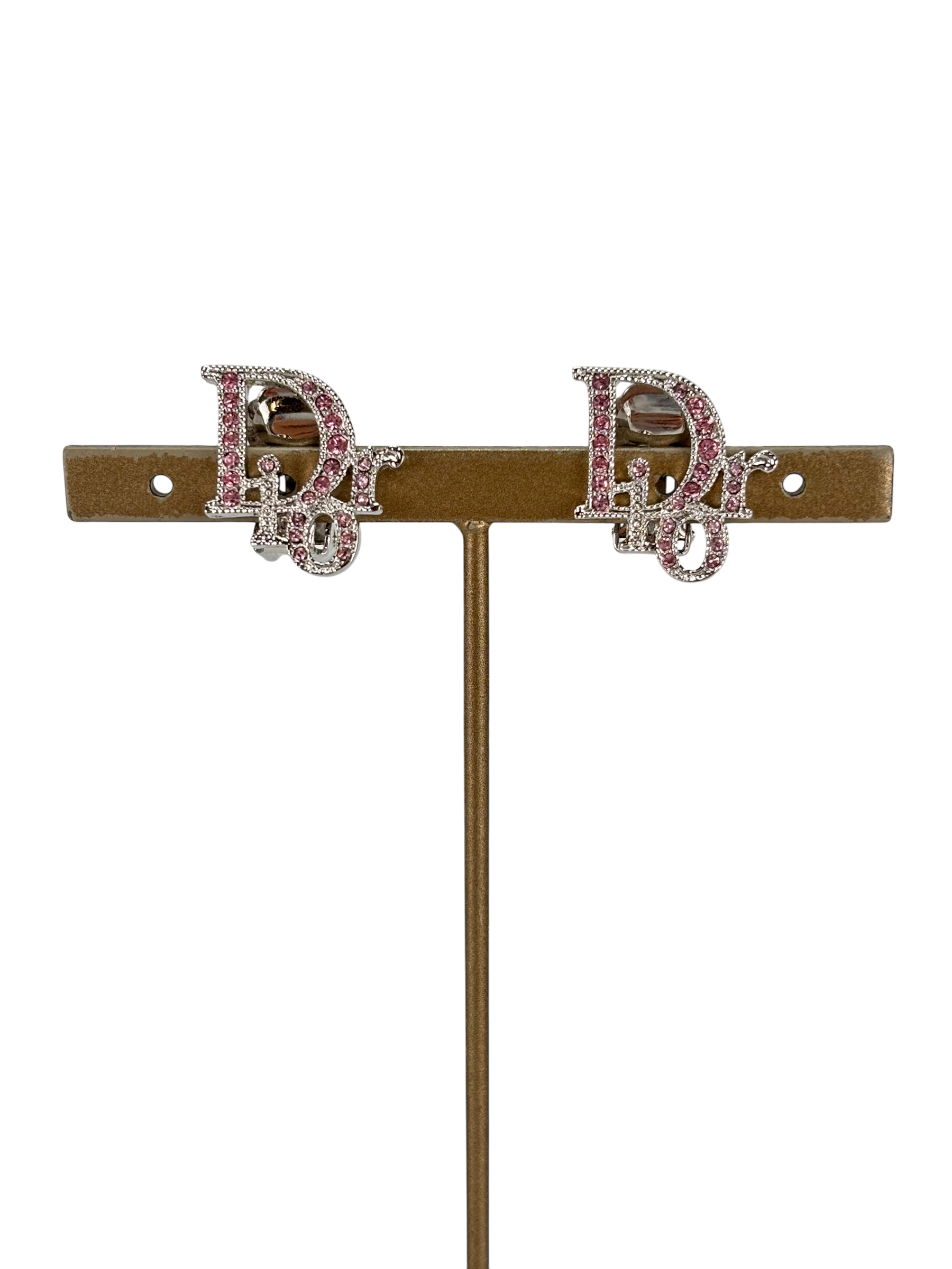 CHRISTIAN DIOR - Sliver Pink Rhinestone CD Logo Earrings