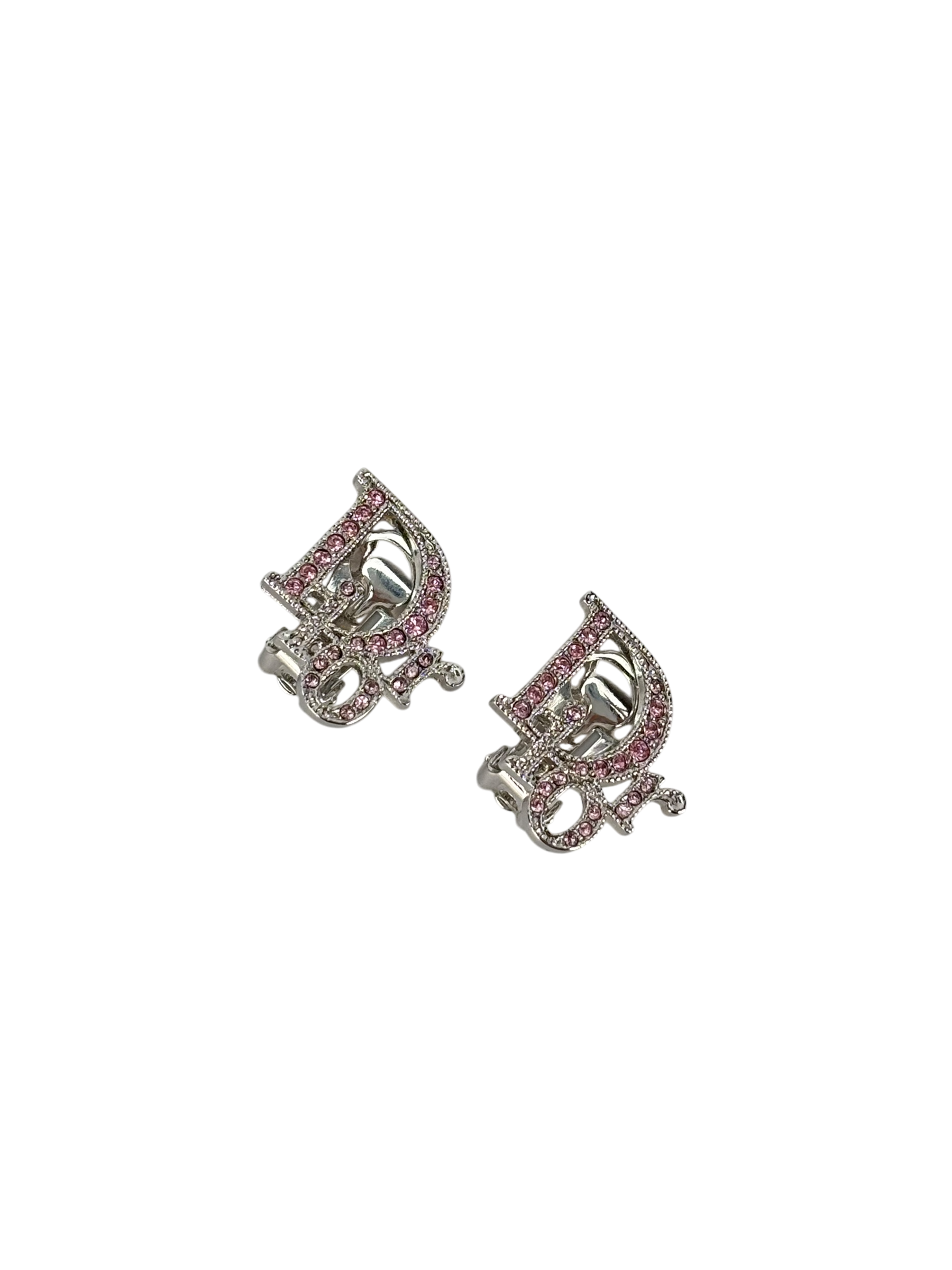 CHRISTIAN DIOR - Sliver Pink Rhinestone CD Logo Earrings