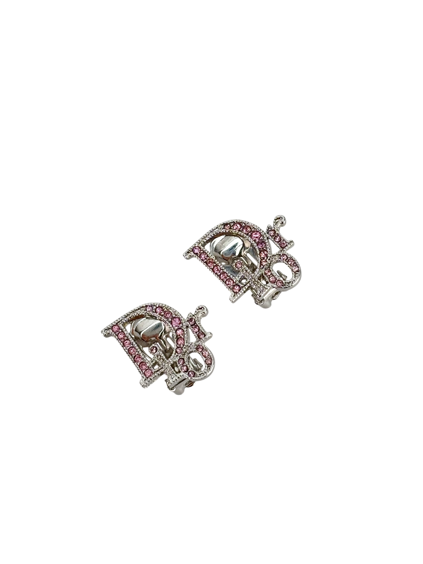 CHRISTIAN DIOR - Sliver Pink Rhinestone CD Logo Earrings