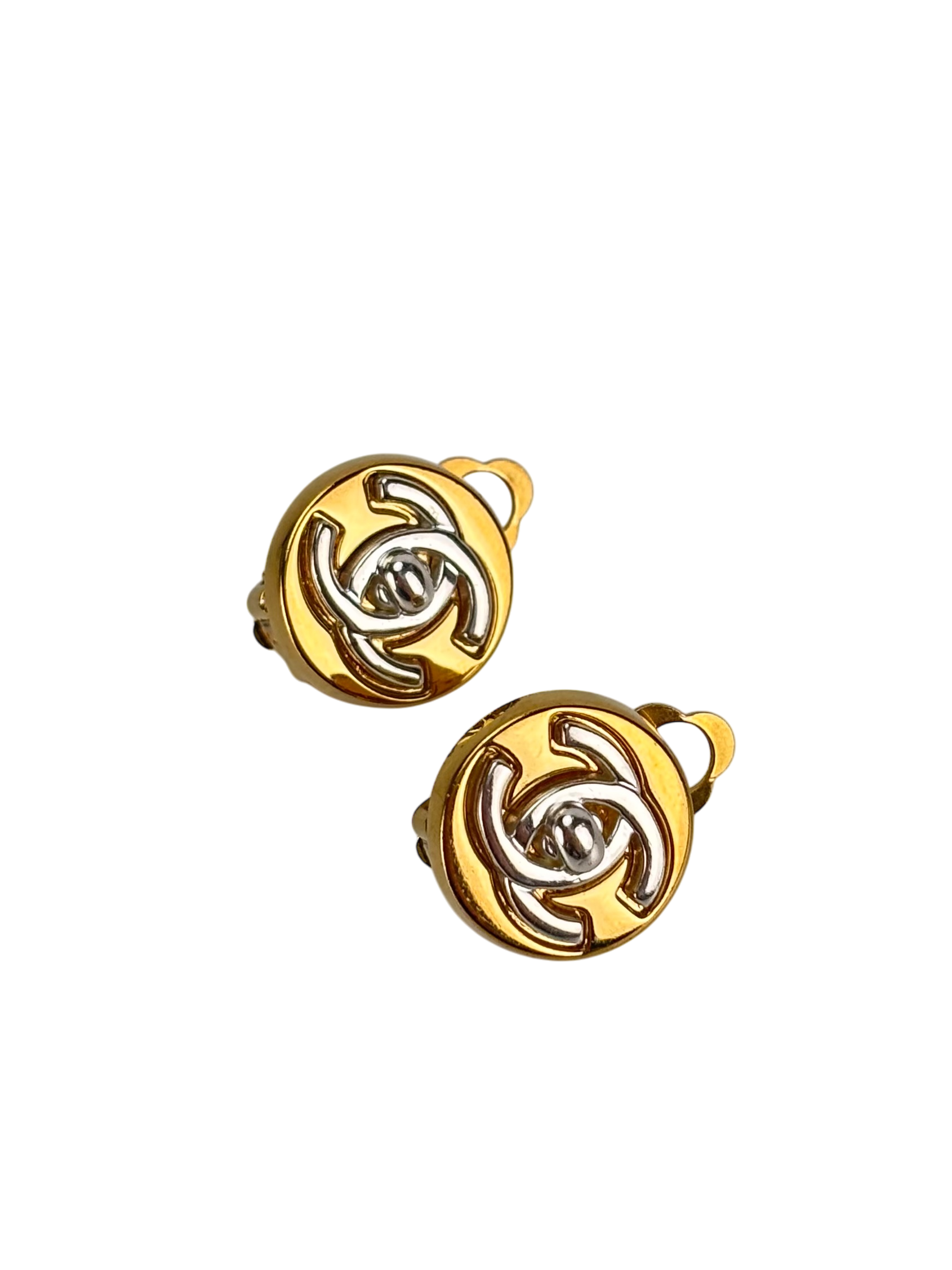 CHANEL - Coco Mark Round Mini Turn Lock Earrings Gold Silver