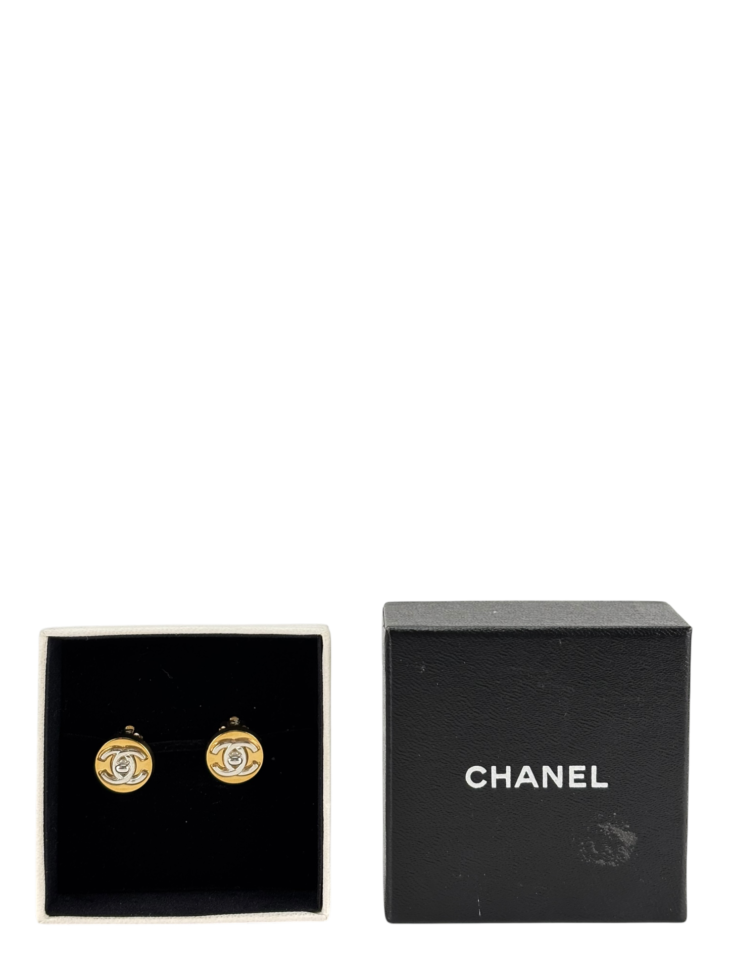 CHANEL - Coco Mark Round Mini Turn Lock Earrings Gold Silver