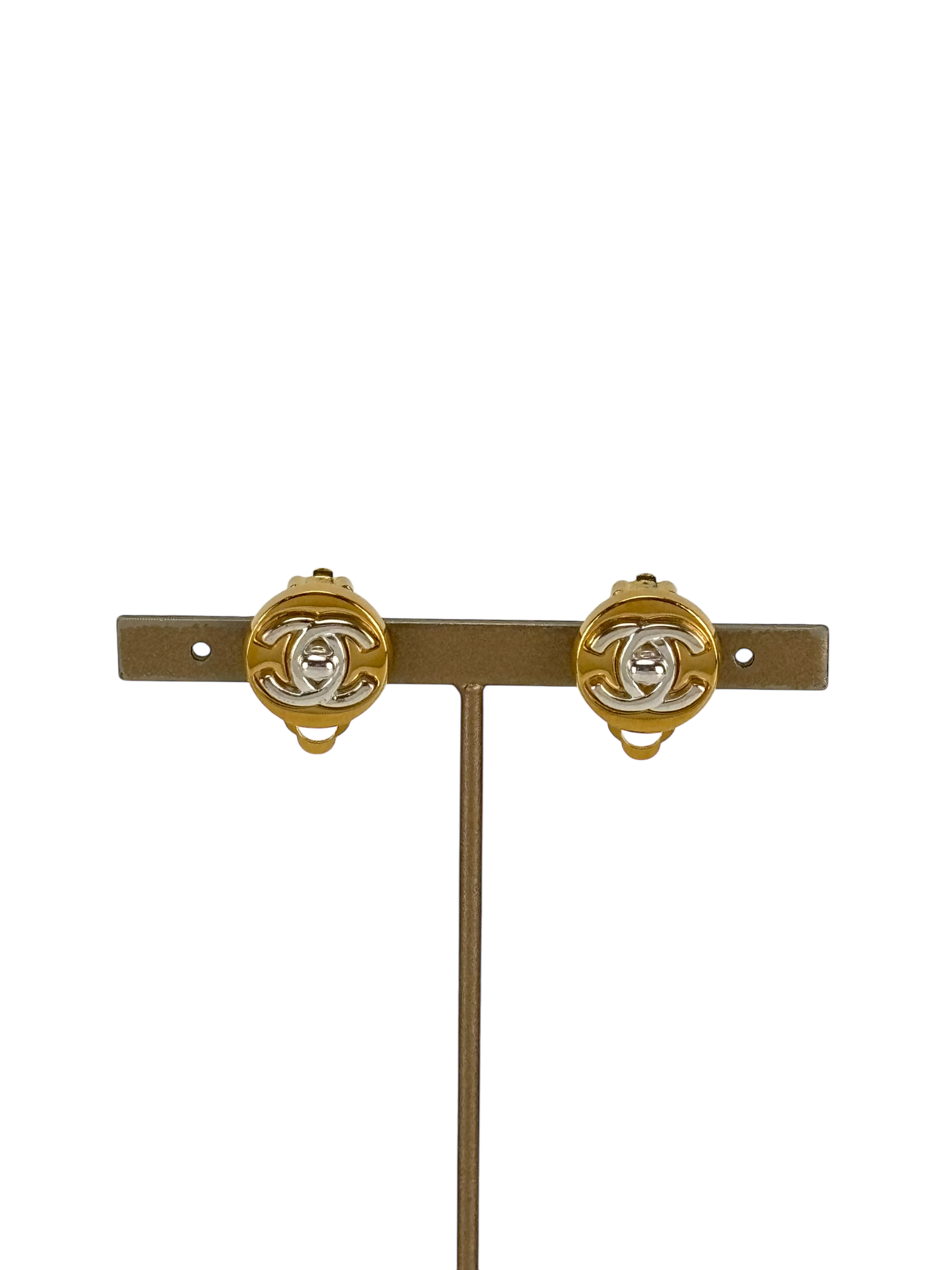 CHANEL - Coco Mark Round Mini Turn Lock Earrings Gold Silver