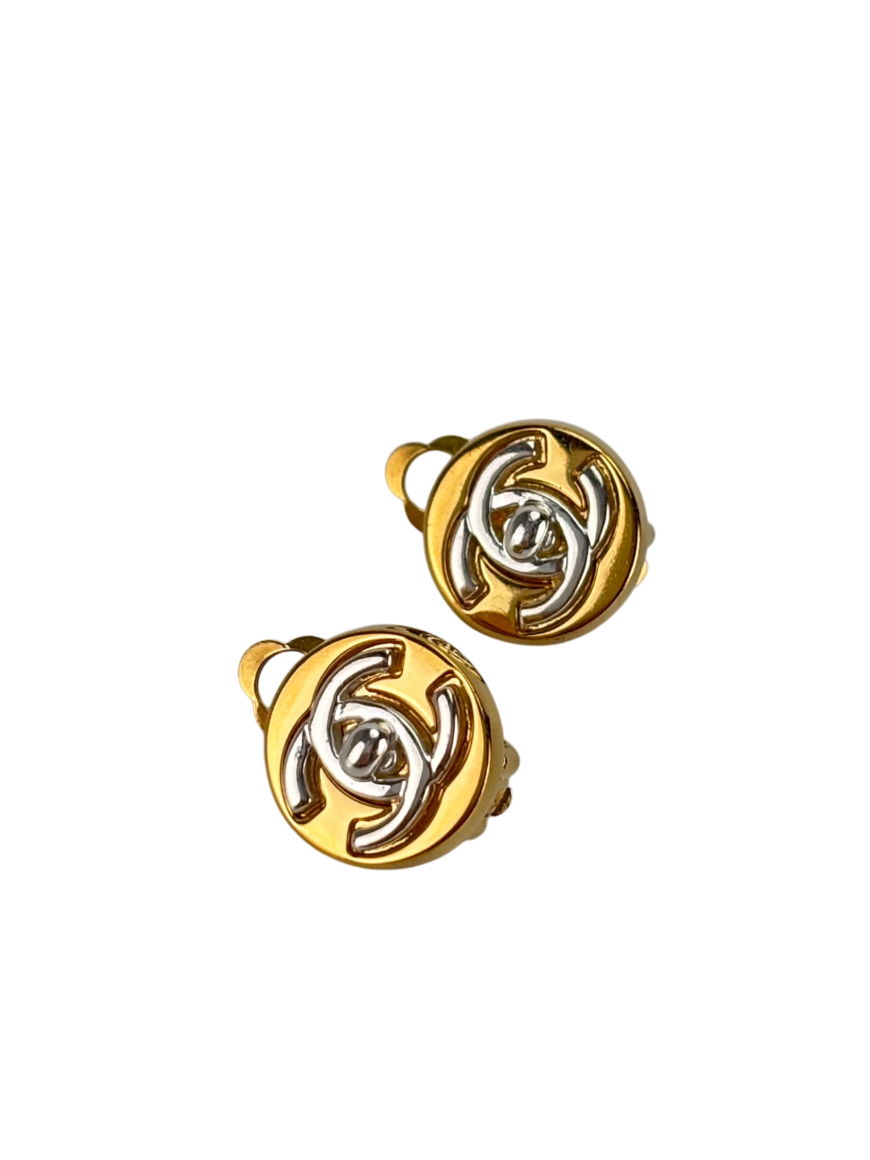 CHANEL - Coco Mark Round Mini Turn Lock Earrings Gold Silver