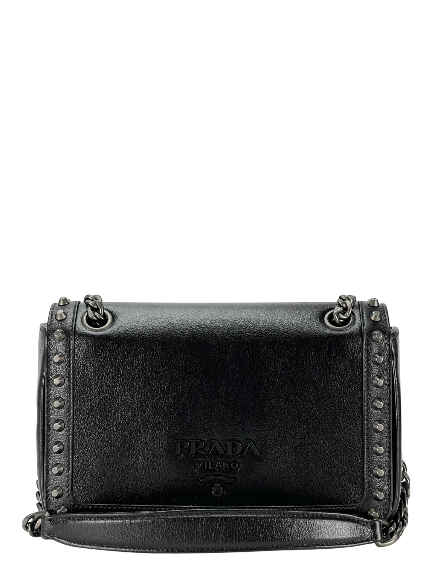 PRADA - Black Leather Studded Flap Double Chain Shoulder Bag