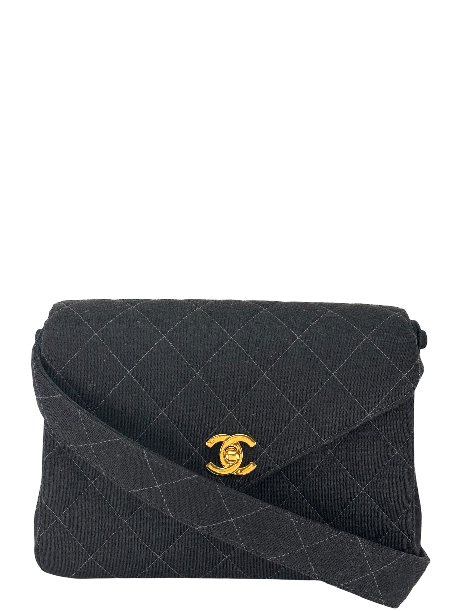 CHANEL - Black Fabric Turn lock Shoulder Bag 