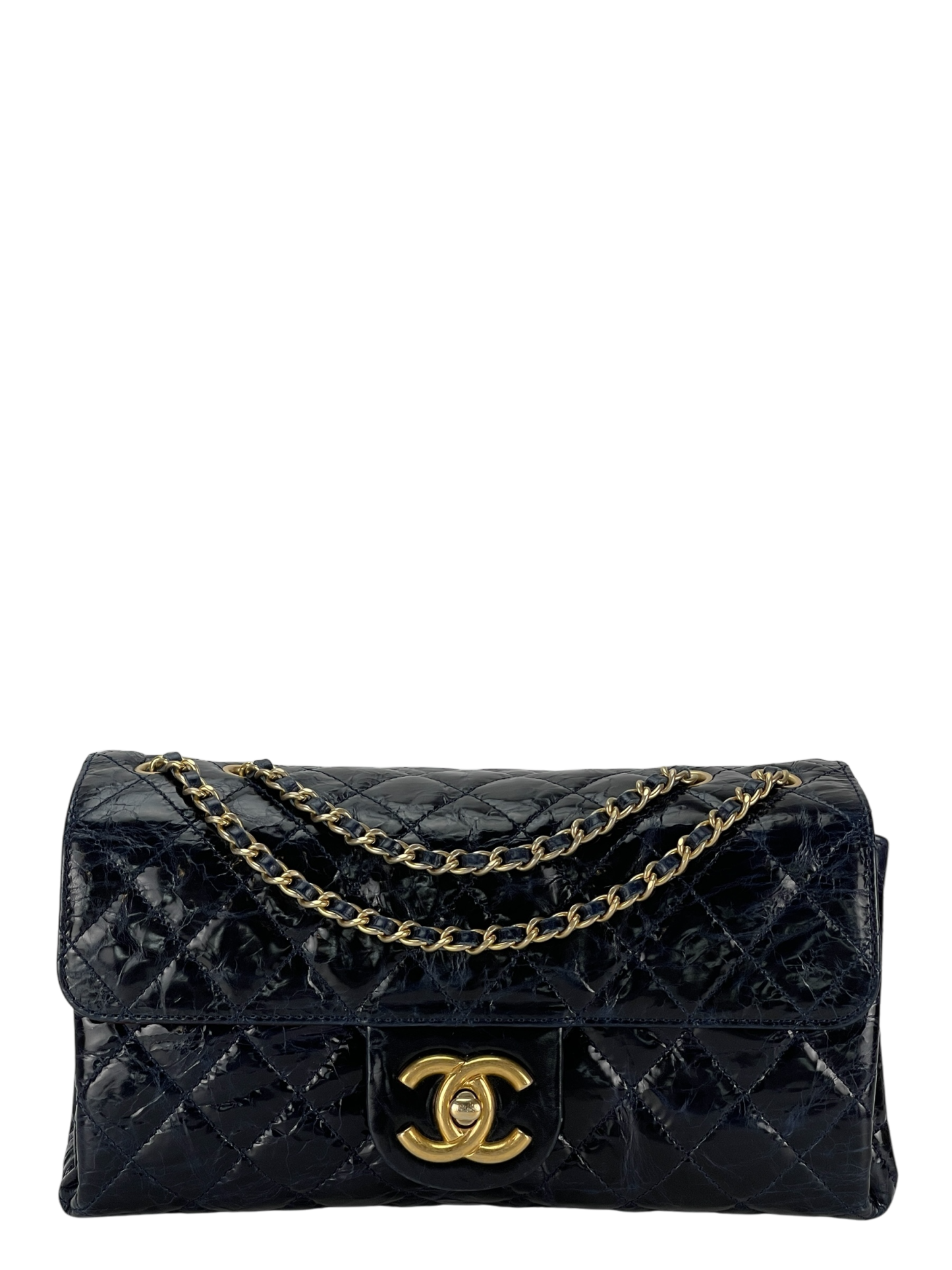 CHANEL - Navy Blue Coated Leather Coco Mark Matelasse W Chain Shoulder Bag