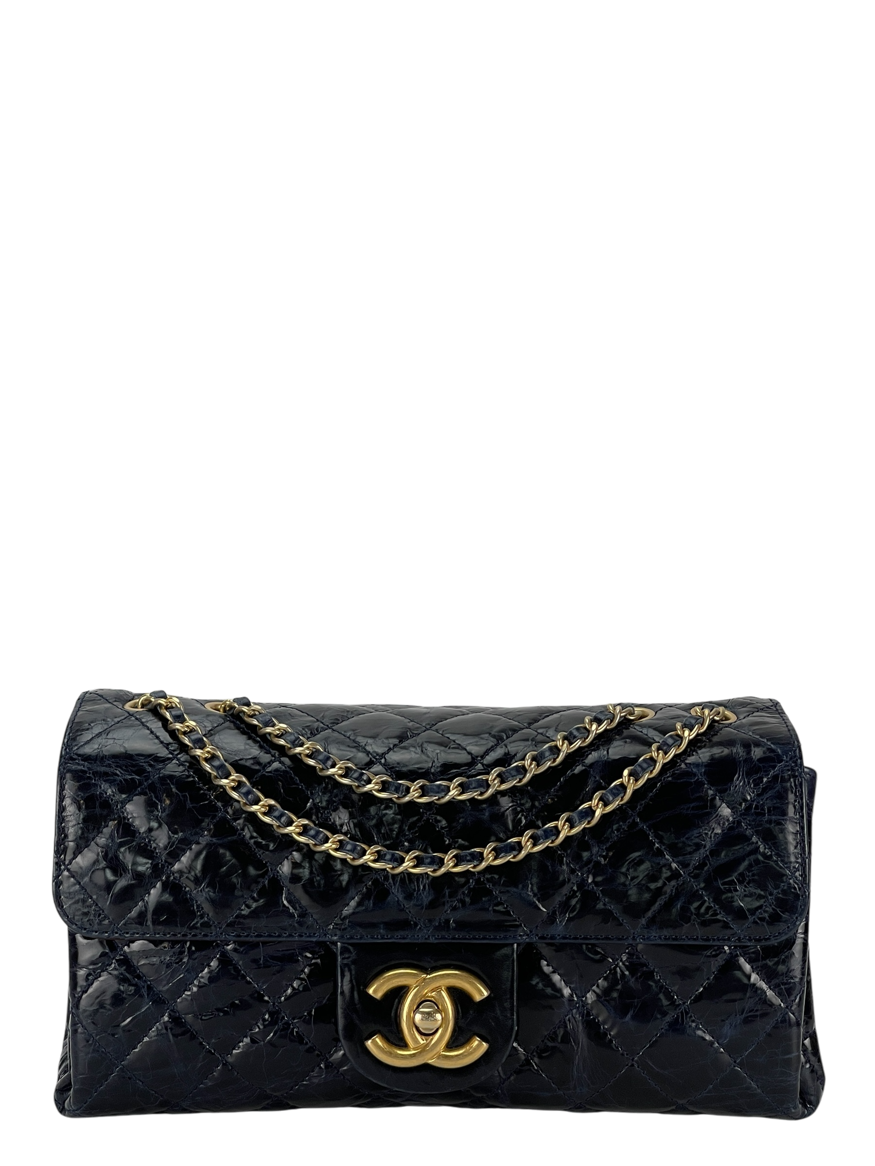 CHANEL - Navy Blue Coated Leather Coco Mark Matelasse W Chain Shoulder Bag