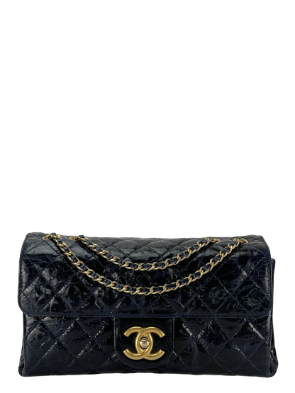 CHANEL - Navy Blue Coated Leather Coco Mark Matelasse W Chain Shoulder Bag 