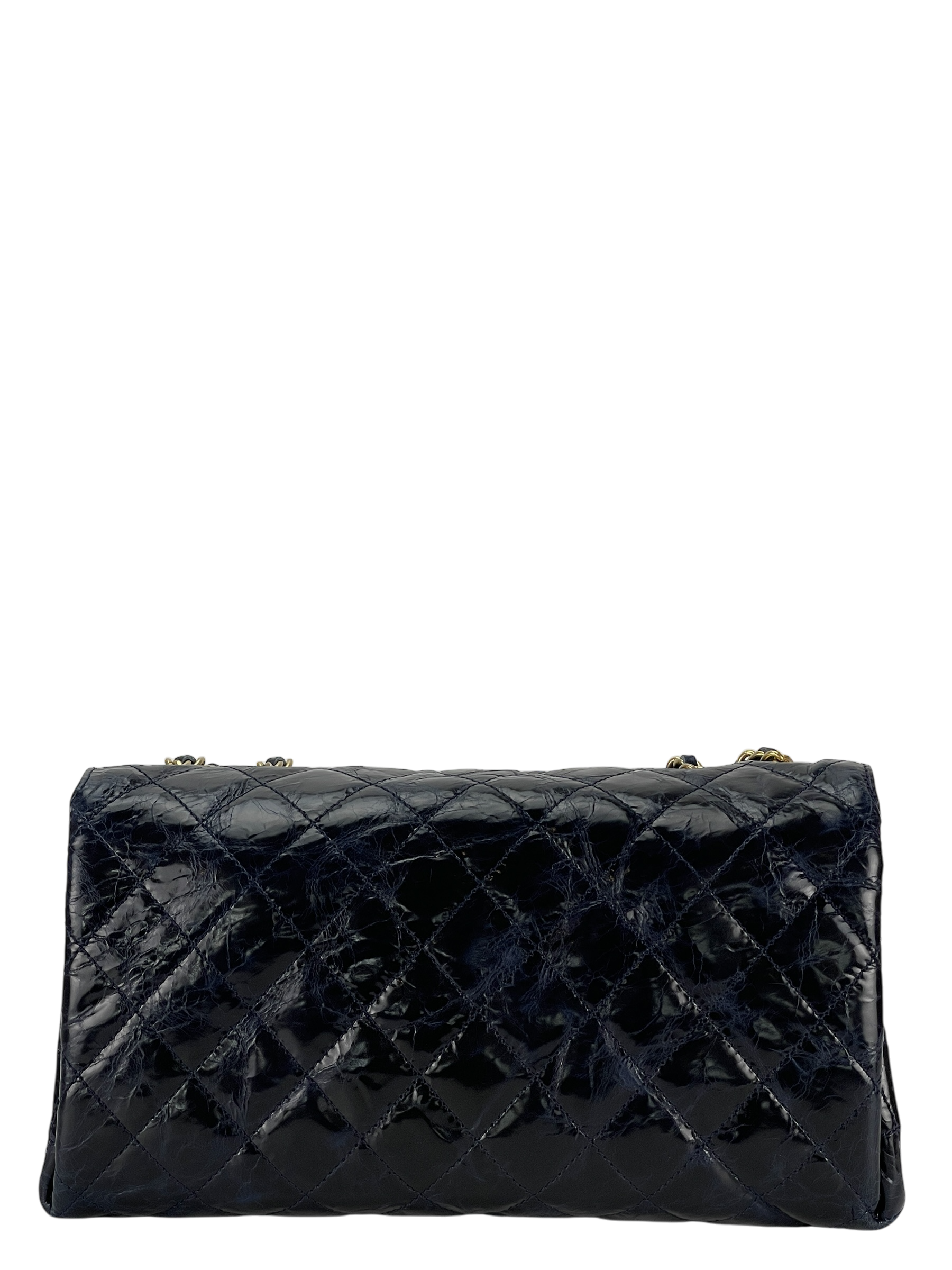 CHANEL - Navy Blue Coated Leather Coco Mark Matelasse W Chain Shoulder Bag