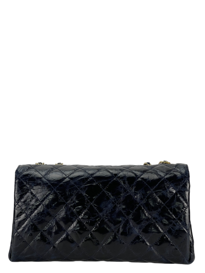 CHANEL - Navy Blue Coated Leather Coco Mark Matelasse W Chain Shoulder Bag 