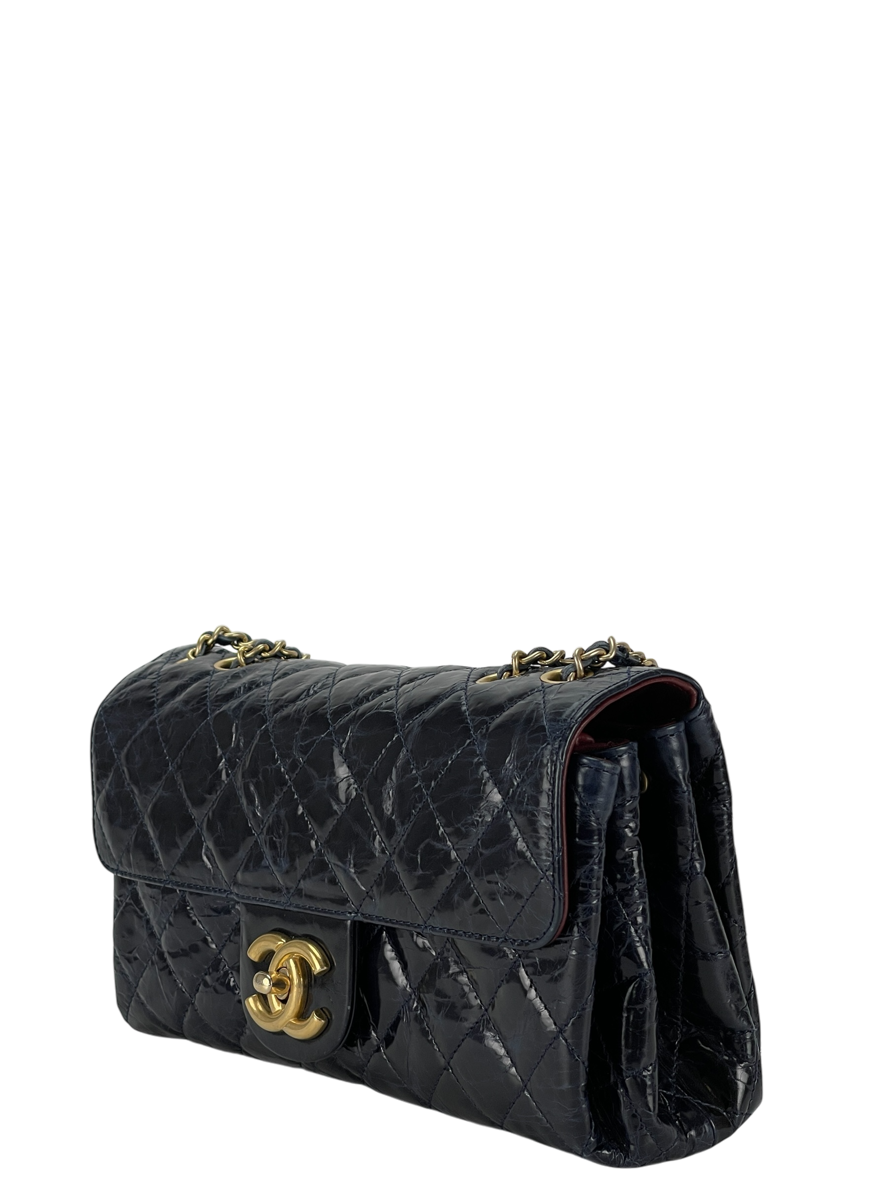 CHANEL - Navy Blue Coated Leather Coco Mark Matelasse W Chain Shoulder Bag 