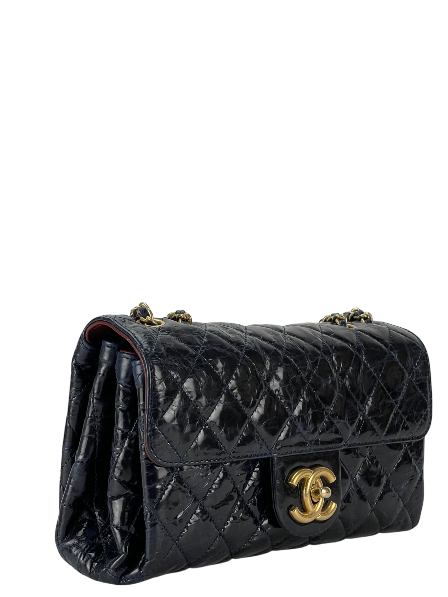 CHANEL - Navy Blue Coated Leather Coco Mark Matelasse W Chain Shoulder Bag
