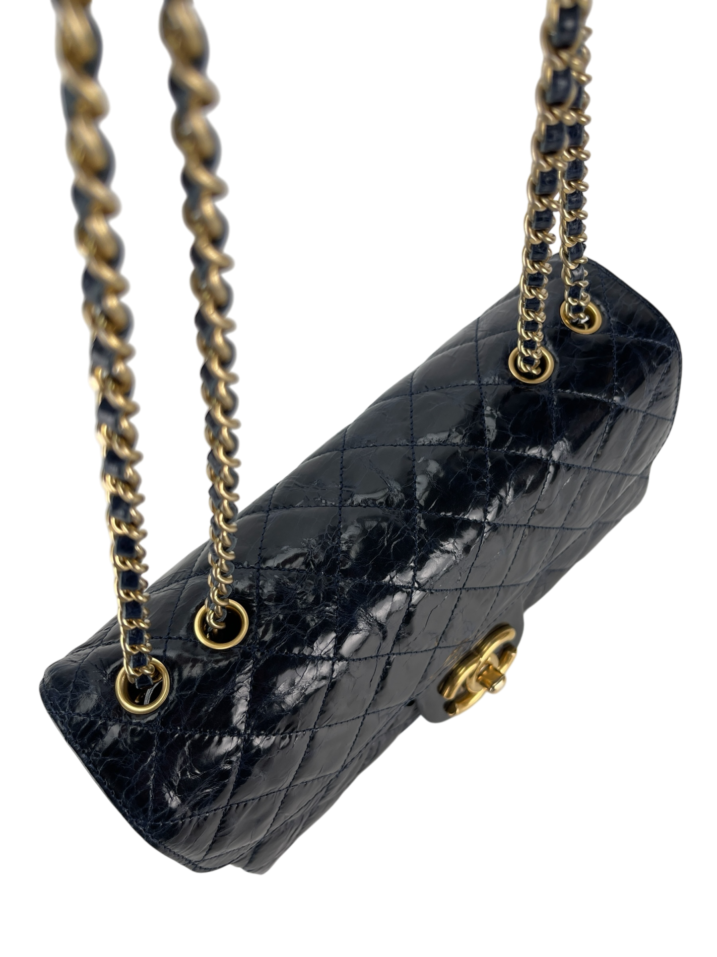 CHANEL - Navy Blue Coated Leather Coco Mark Matelasse W Chain Shoulder Bag