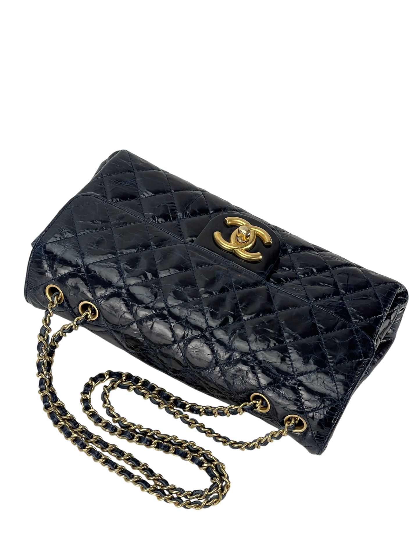 CHANEL - Navy Blue Coated Leather Coco Mark Matelasse W Chain Shoulder Bag