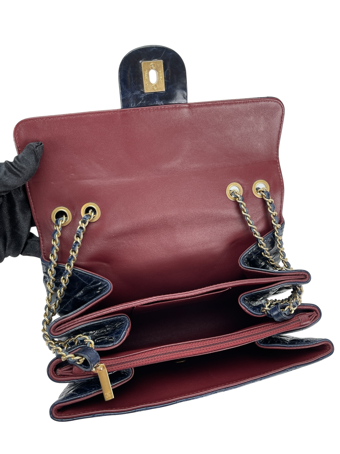 CHANEL - Navy Blue Coated Leather Coco Mark Matelasse W Chain Shoulder Bag