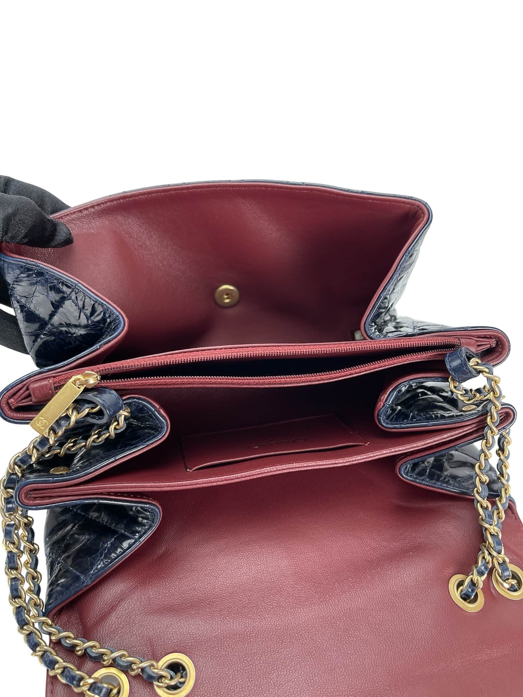 CHANEL - Navy Blue Coated Leather Coco Mark Matelasse W Chain Shoulder Bag
