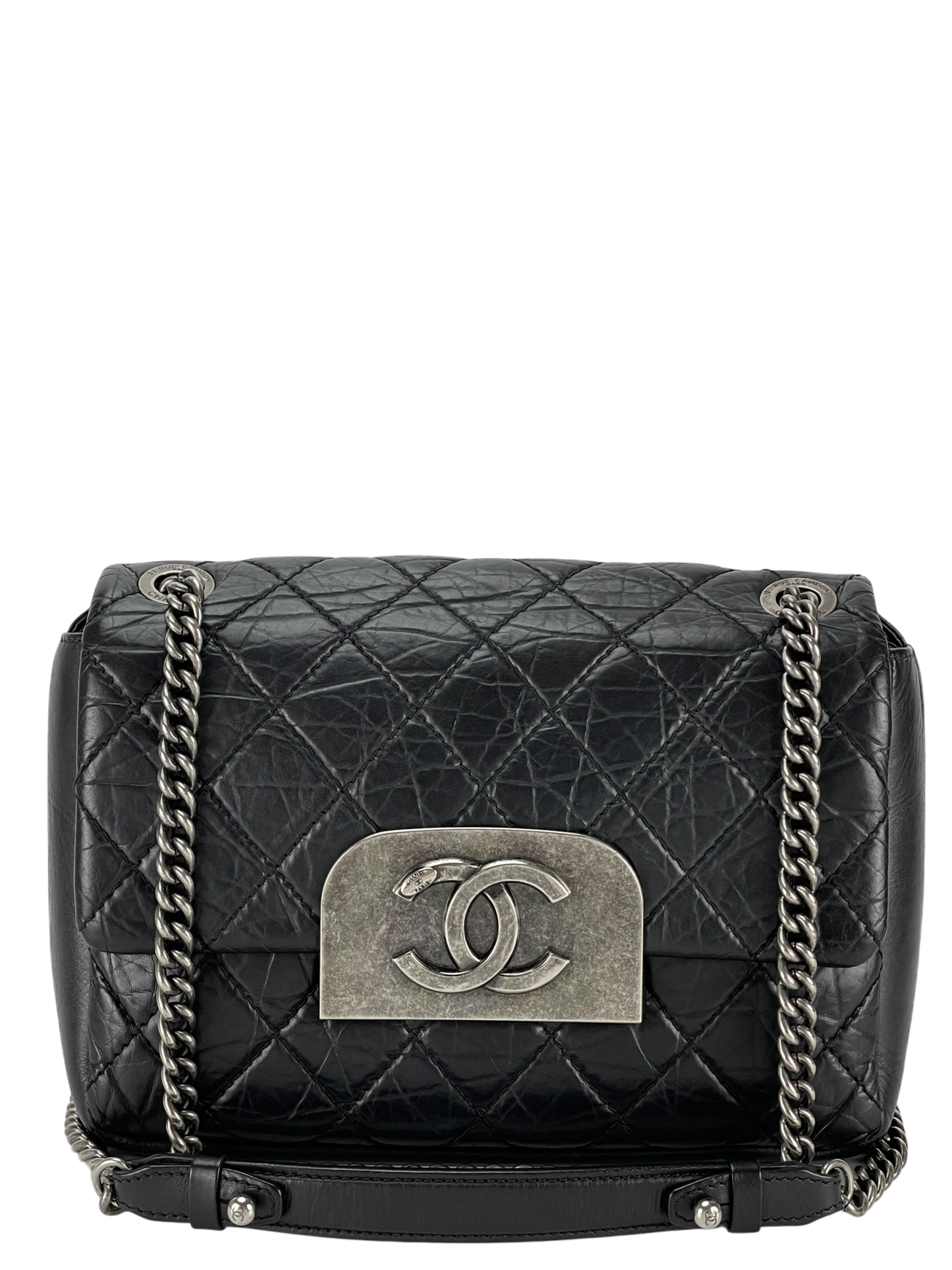 CHANEL -Black Quilted Distressed Calfskin Crossbody Aged Silver Hardware