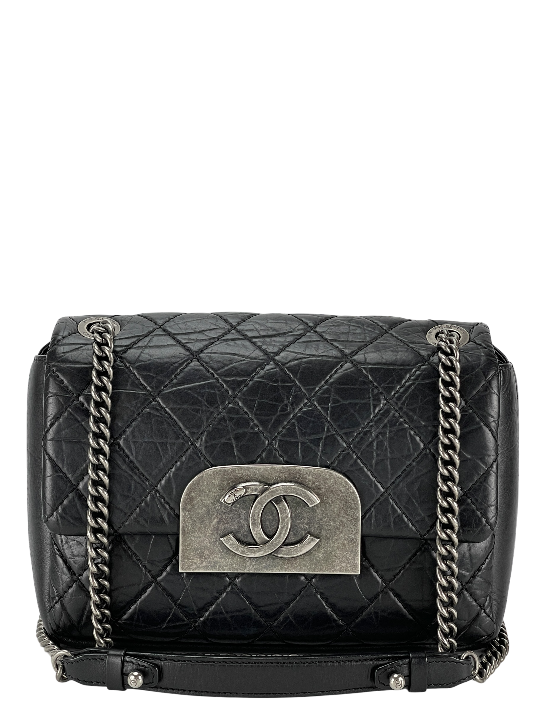 CHANEL -Black Quilted Distressed Calfskin Crossbody Aged Silver Hardware