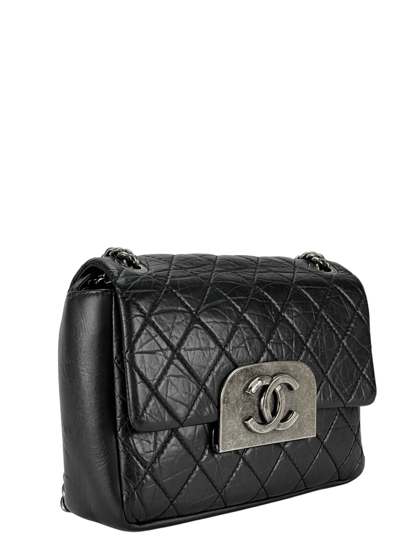 CHANEL -Black Quilted Distressed Calfskin Crossbody Aged Silver Hardware