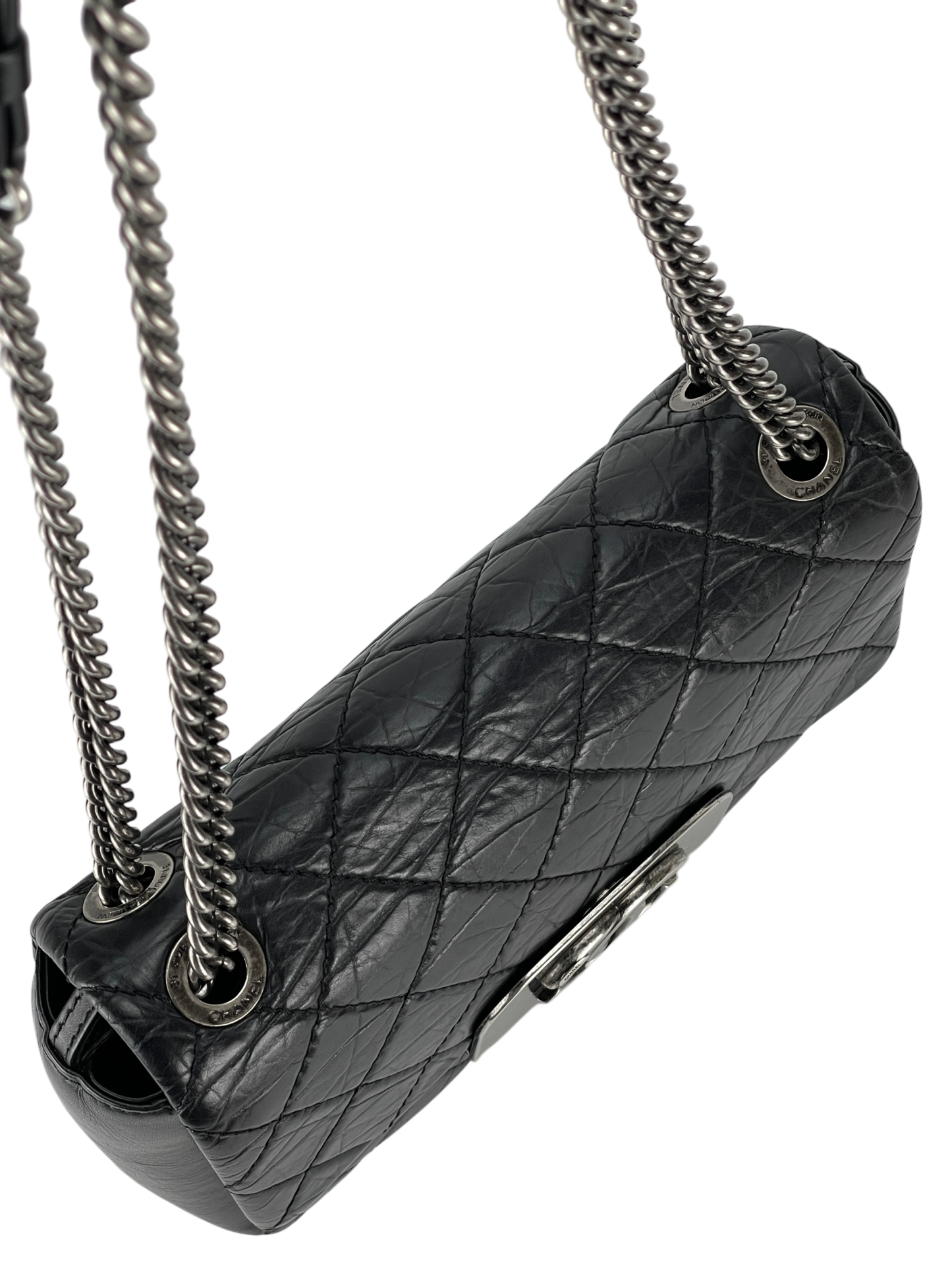 CHANEL -Black Quilted Distressed Calfskin Crossbody Aged Silver Hardware