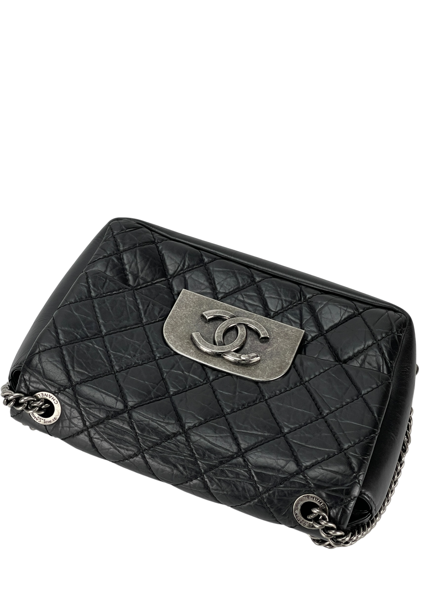 CHANEL -Black Quilted Distressed Calfskin Crossbody Aged Silver Hardware