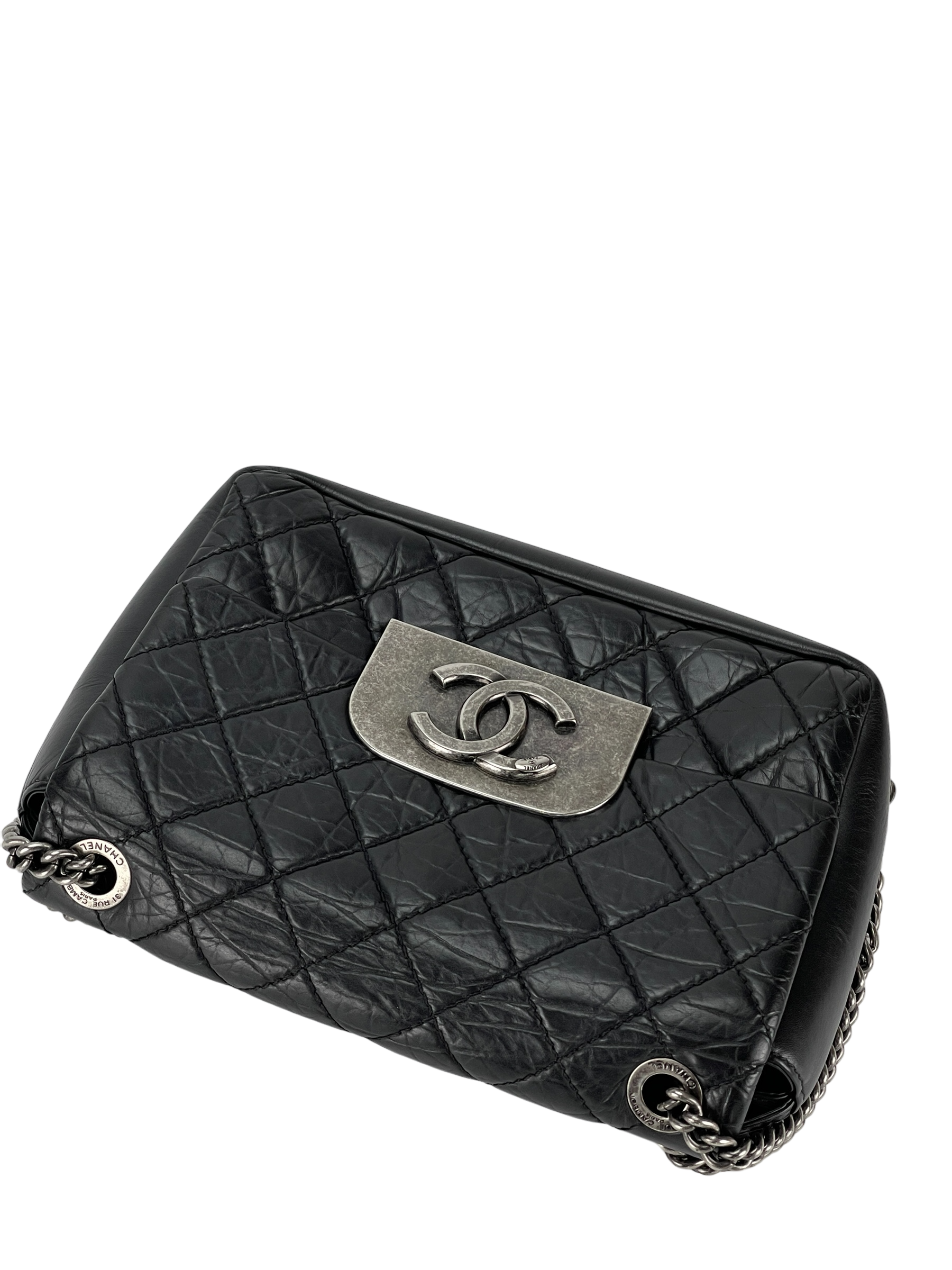 CHANEL -Black Quilted Distressed Calfskin Crossbody Aged Silver Hardware