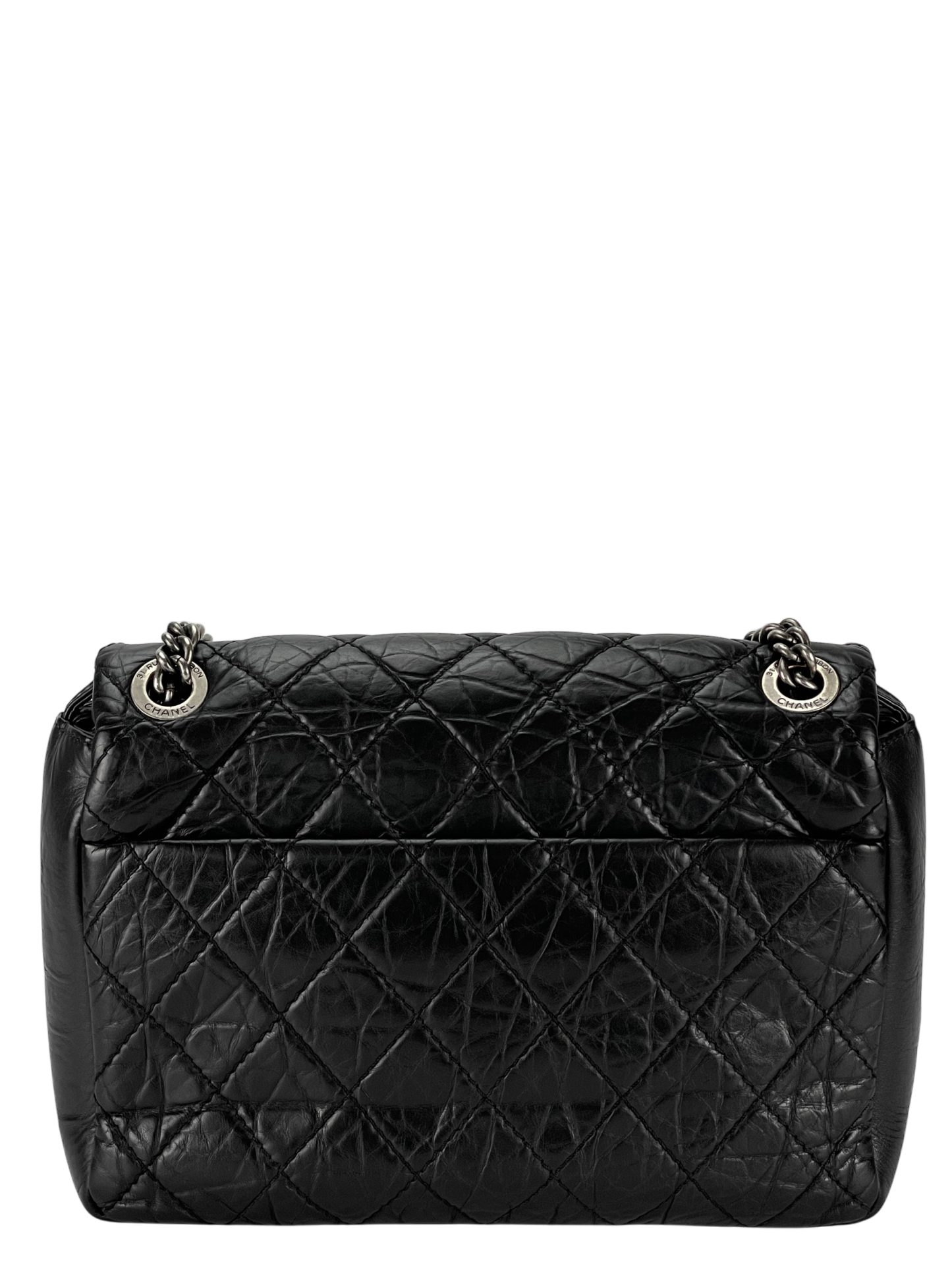 CHANEL -Black Quilted Distressed Calfskin Crossbody Aged Silver Hardware