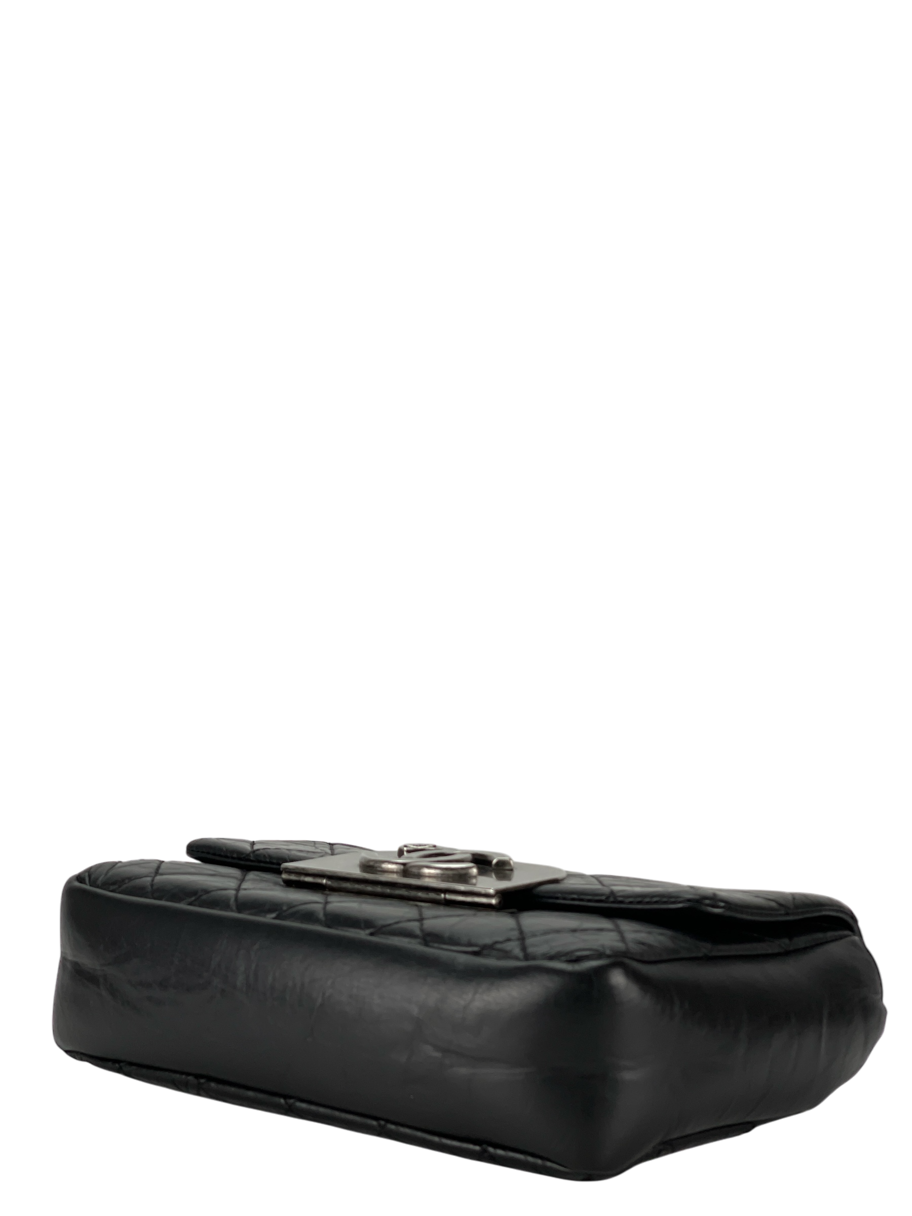CHANEL -Black Quilted Distressed Calfskin Crossbody Aged Silver Hardware