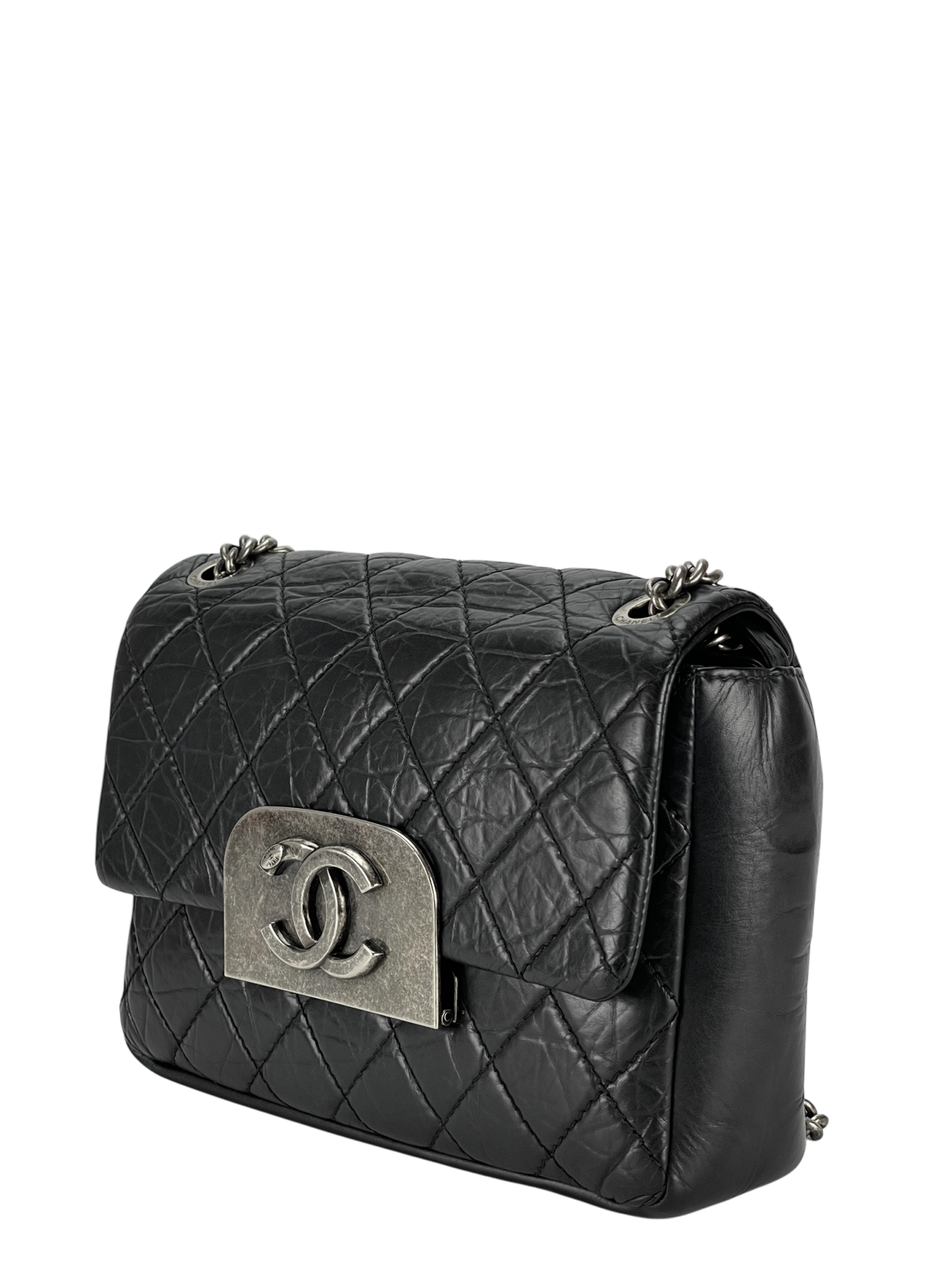 CHANEL -Black Quilted Distressed Calfskin Crossbody Aged Silver Hardware