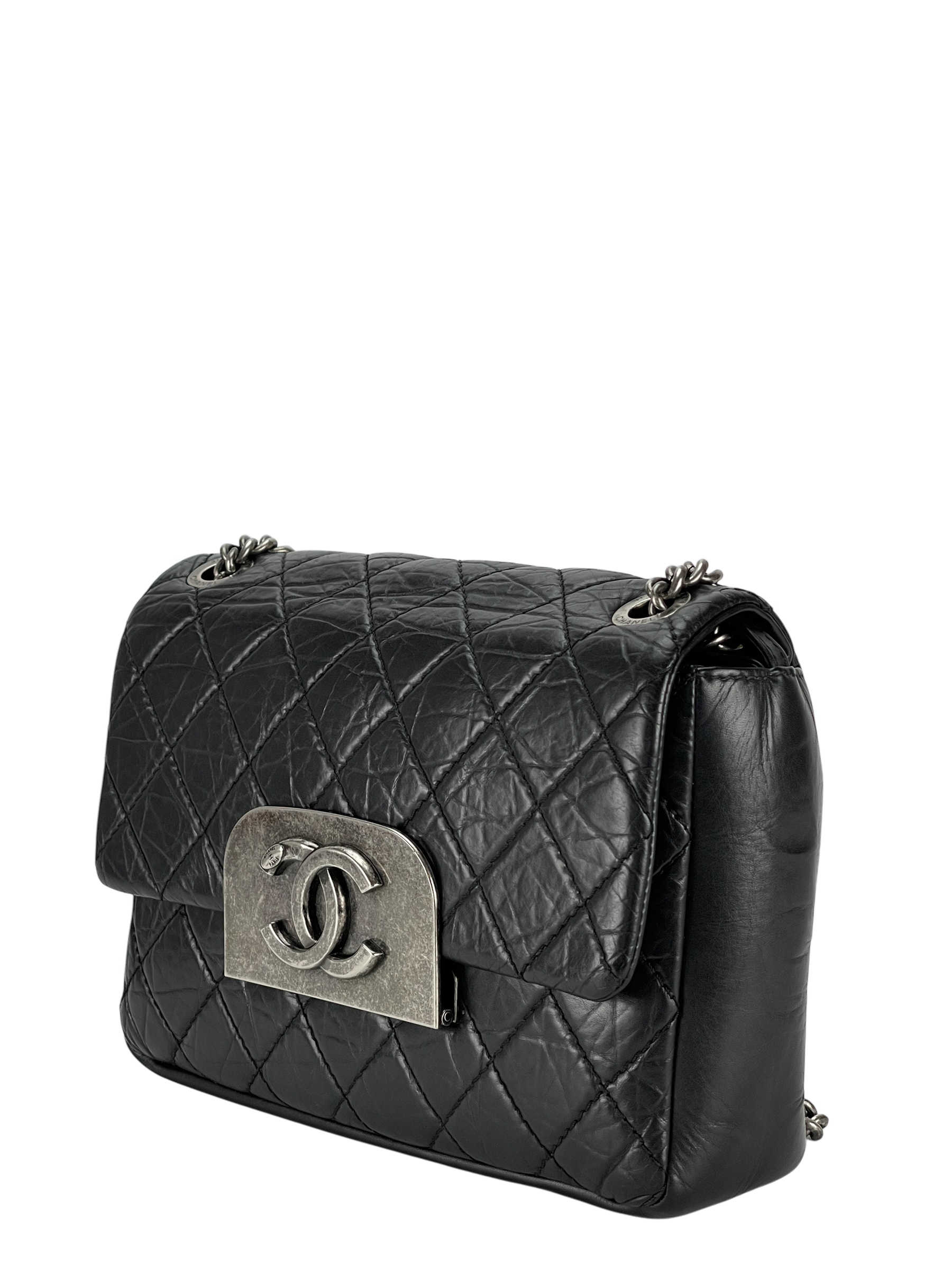 CHANEL -Black Quilted Distressed Calfskin Crossbody Aged Silver Hardware