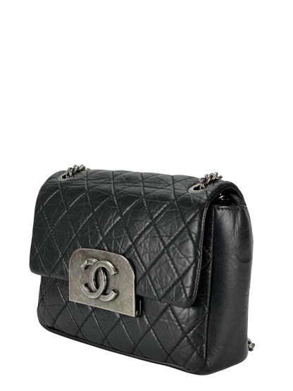 CHANEL -Black Quilted Distressed Calfskin Crossbody Aged Silver Hardware