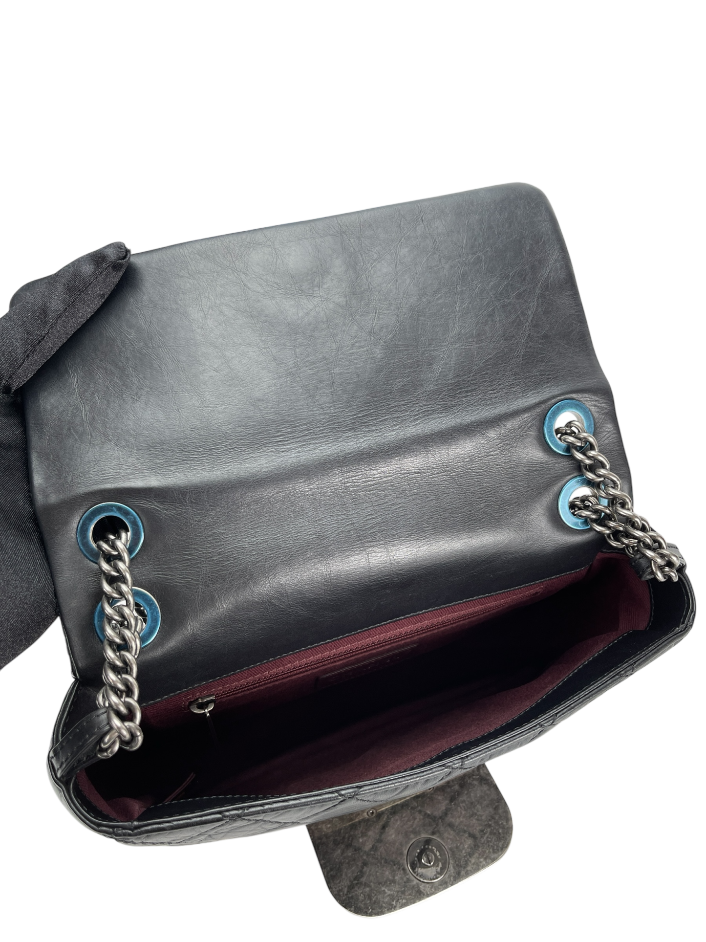 CHANEL -Black Quilted Distressed Calfskin Crossbody Aged Silver Hardware